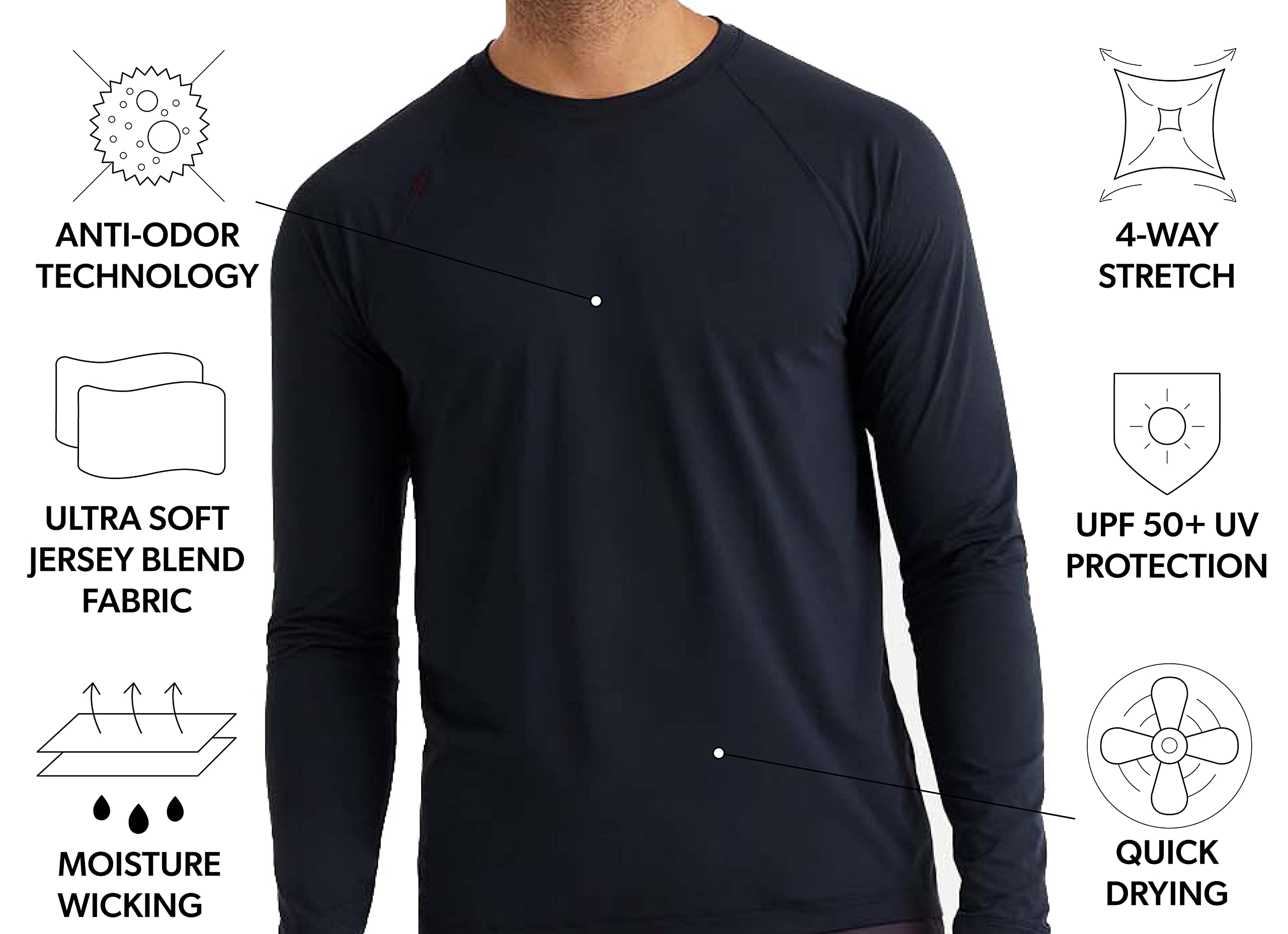 Rhone Reign Men's Long Sleeve Workout Shirt - Anti Odor & Quick Dry Performance Gym Shirt with UPF 50+ Sun Protection - Ideal for Running, Training & Outdoor Activities