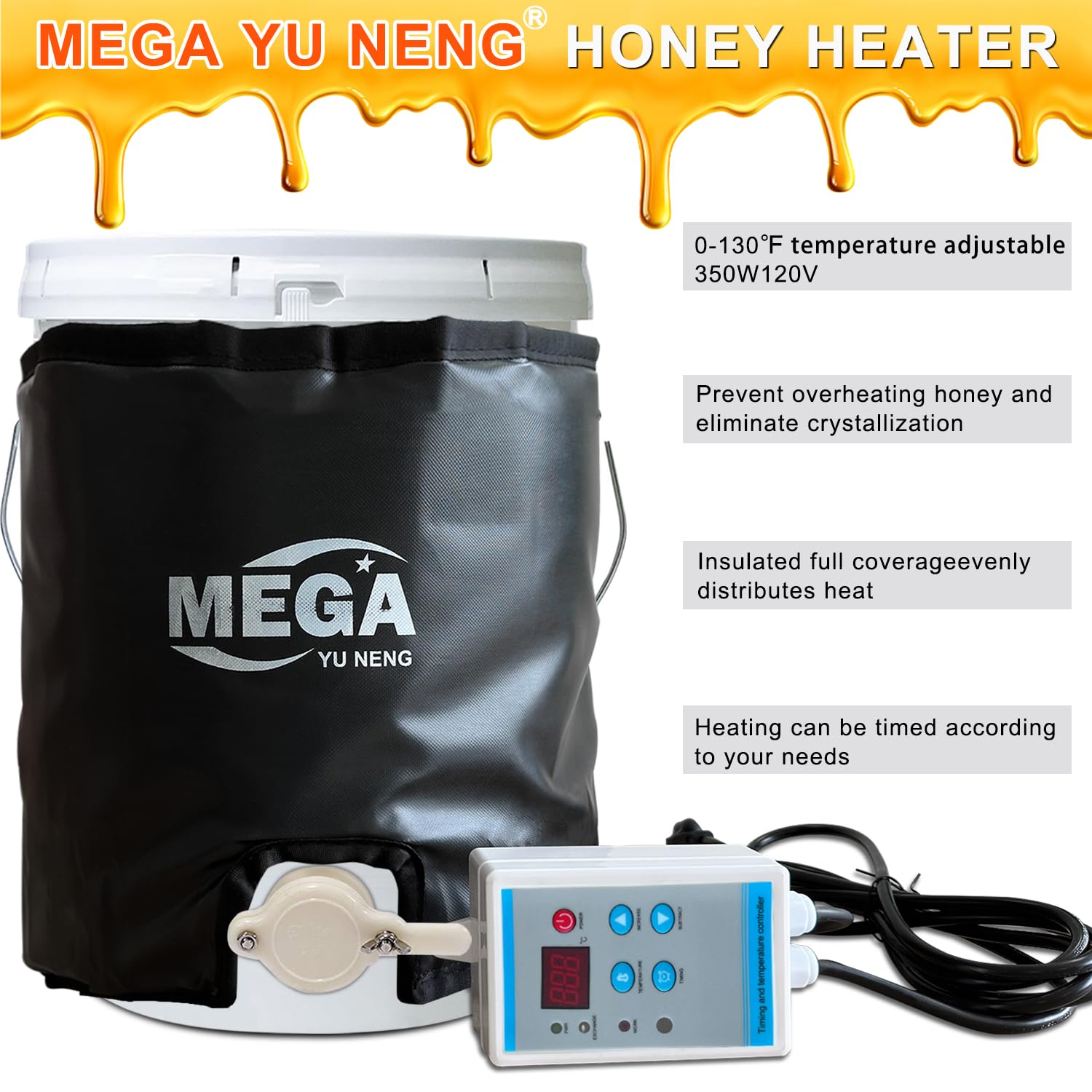 350W 120V Honey Heater & Drum Heating Blanket with Fixed Internal Thermostat & Timer - Max 130°F for 5 Gallon Pails, Buckets & Drums - Ideal for Beekeeping, Food Storage & Industrial Use