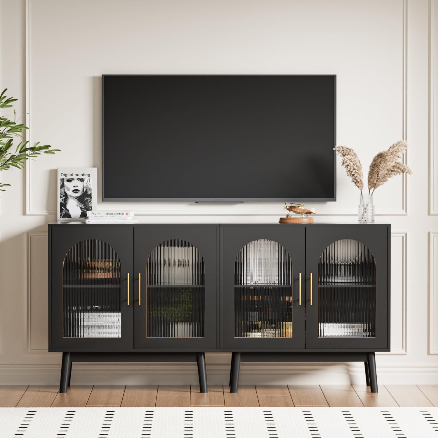 Modern Sideboard Buffet Cabinet with Glass Doors - Adjustable Shelves Kitchen Storage & TV Stand for Living Room, Dining Room - Black | Perfect for Home Decor, Entertaining & Organizing Dishes