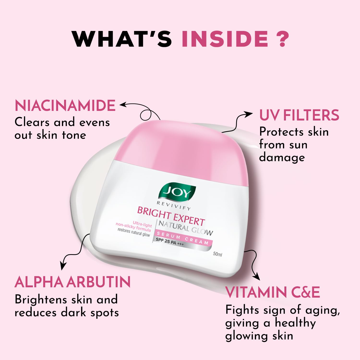 Joy Brightening Face Cream with SPF 25 PA+++ & Niacinamide - Ultra Light, Non-Sticky Moisturizer for Natural Glowing Skin | Sun Protection & Hydration | Perfect for Summer, Daily Use & Travel | 50ml