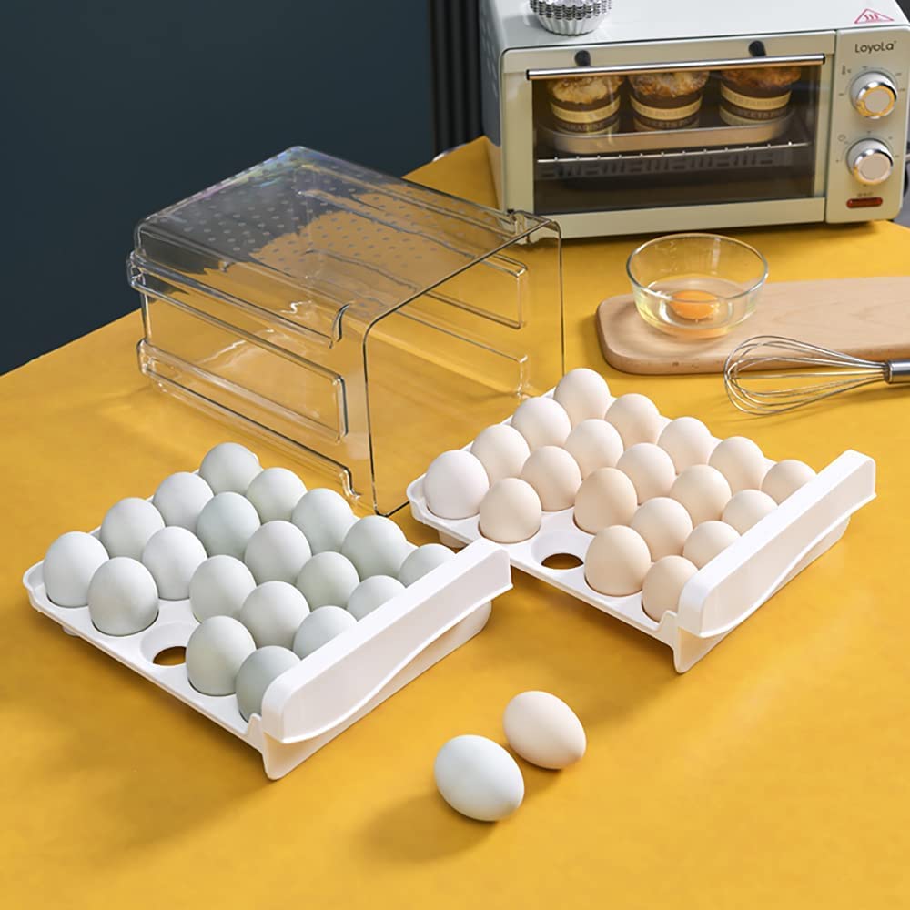 Clear Plastic Refrigerator Egg Storage Container with 2 Drawers & 40 Grids - Egg Holder Organizer for Kitchen Fridge | Perfect for Farm Fresh Eggs, Meal Prep & Space Saving