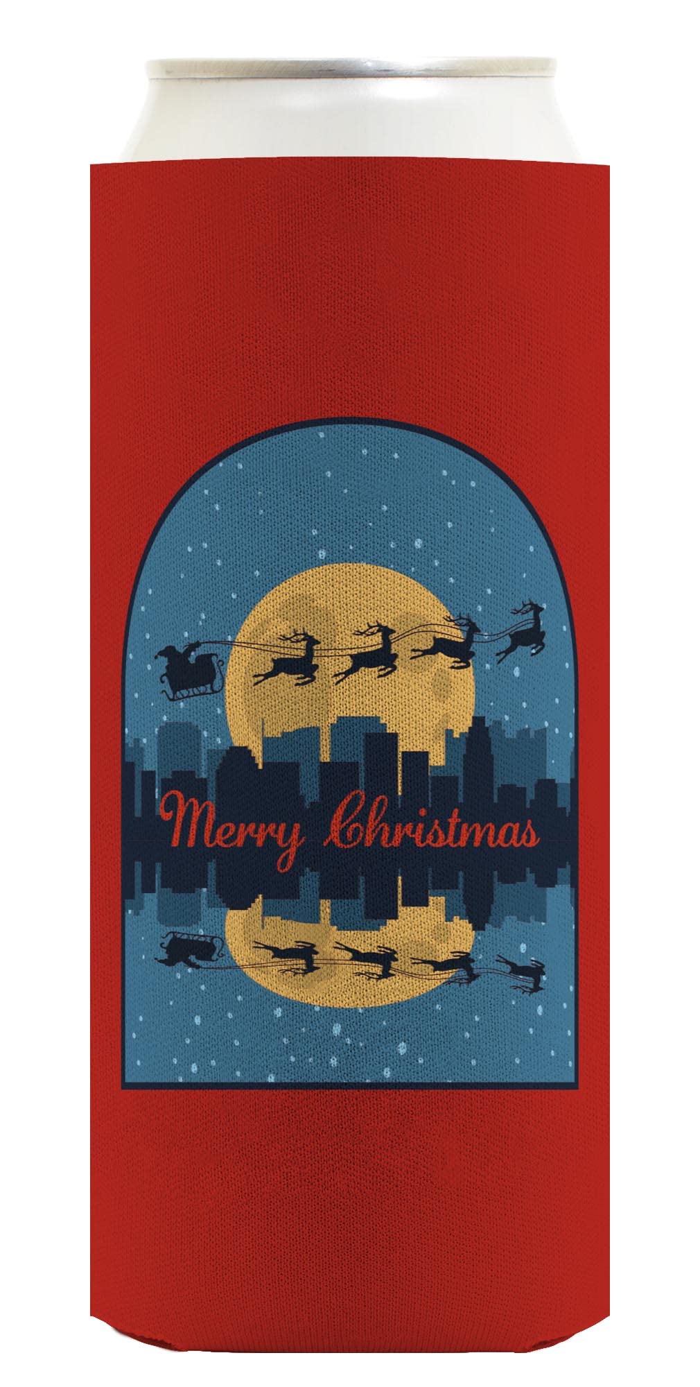 48-Pack Ultra Slim Christmas Can Coolers with Santa Flying Over Cityscape Design - Holiday Party Supplies, Beer Sleeves for Christmas Decorations & Festive Celebrations