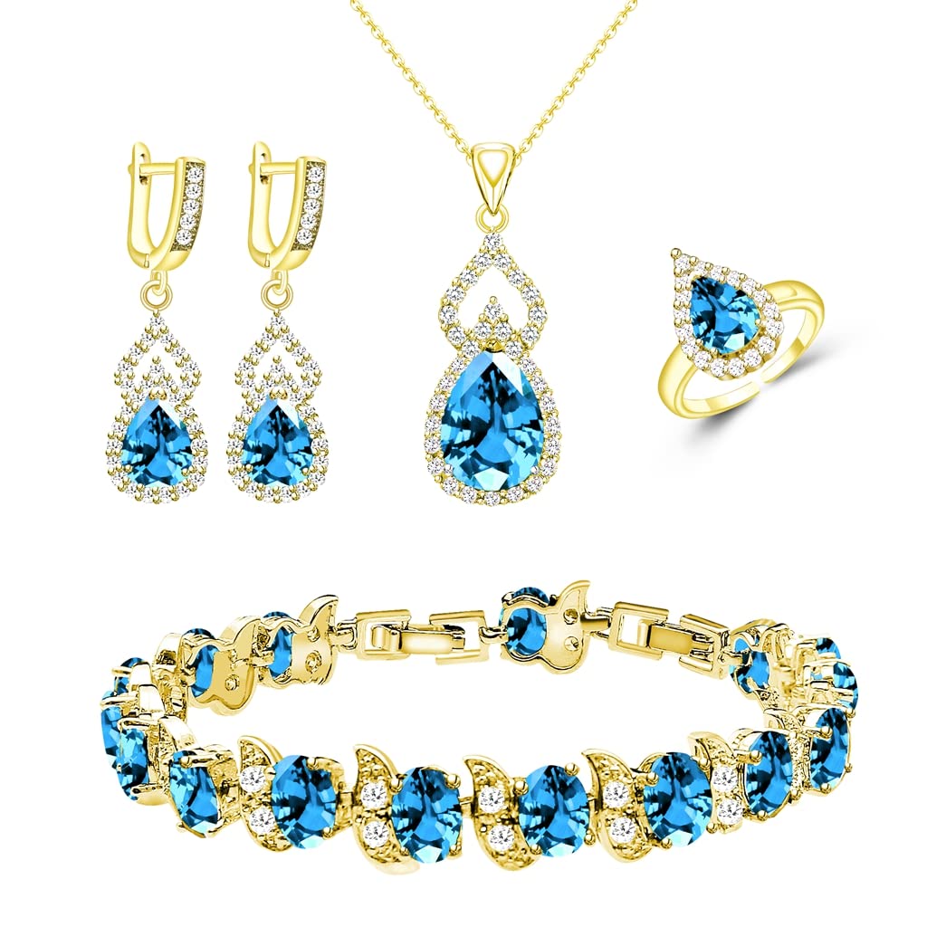 LMXXVJ Women's Jewelry Set - Sky Blue Crystal Gold Plated Earrings, Necklace, Ring & Bracelet Gift Set for Women | Perfect for Weddings, Parties, Anniversaries and Special Occasions