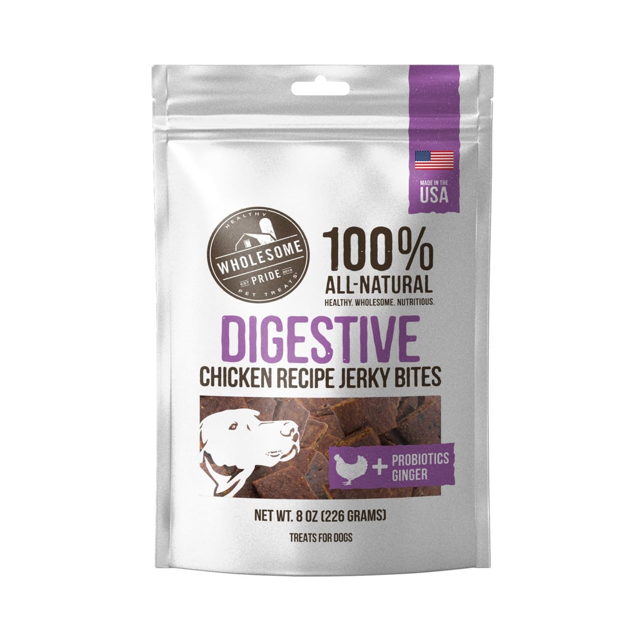 Wholesome Pride Functional Dog Digestive Support Chicken Recipe Jerky Bites - Grain Free Dog Treats for Sensitive Stomachs, 8oz - Perfect for Training Rewards & Digestive Health