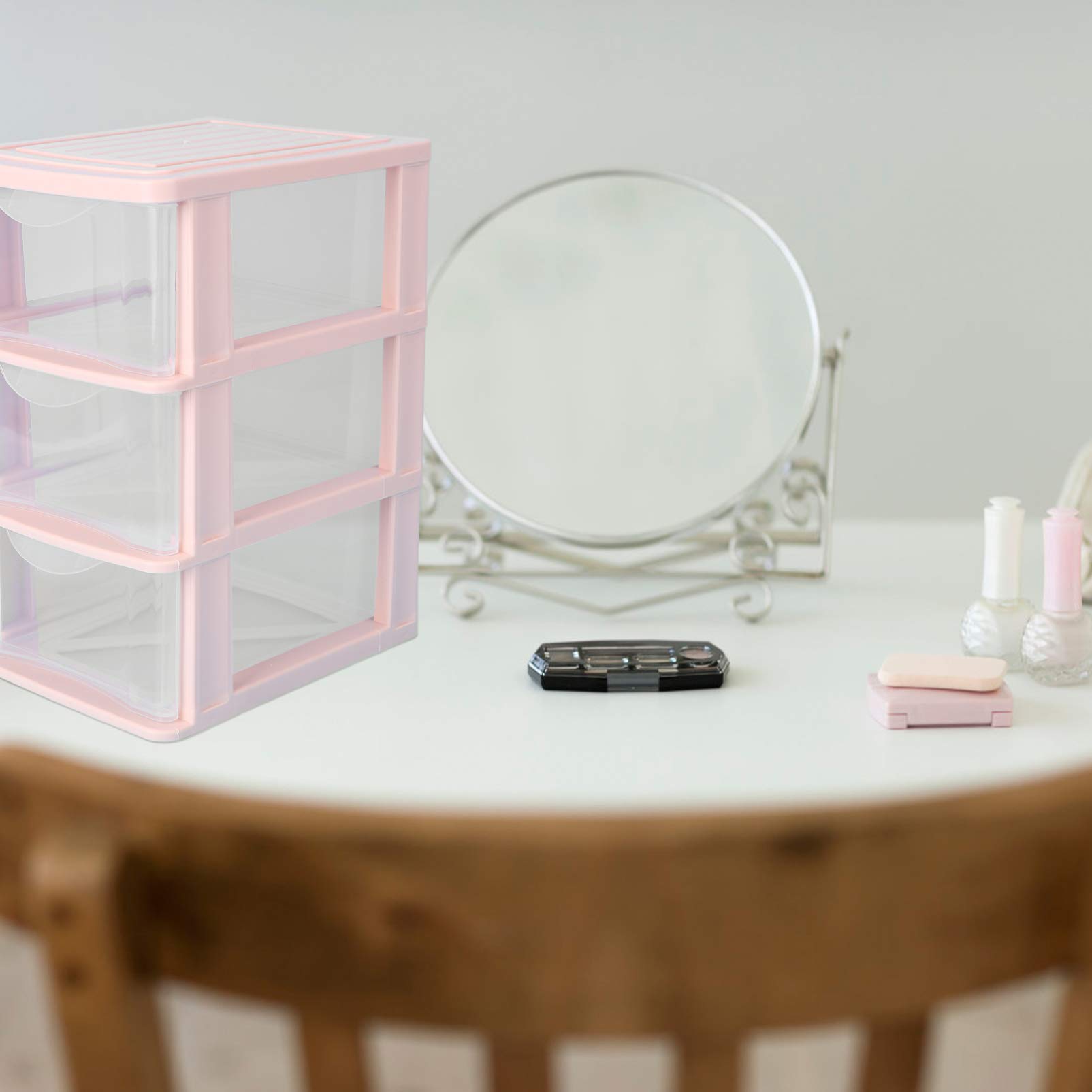 Yardwe 3-Tier Clear Plastic Drawer Organizer - Pink for Home & Office Storage