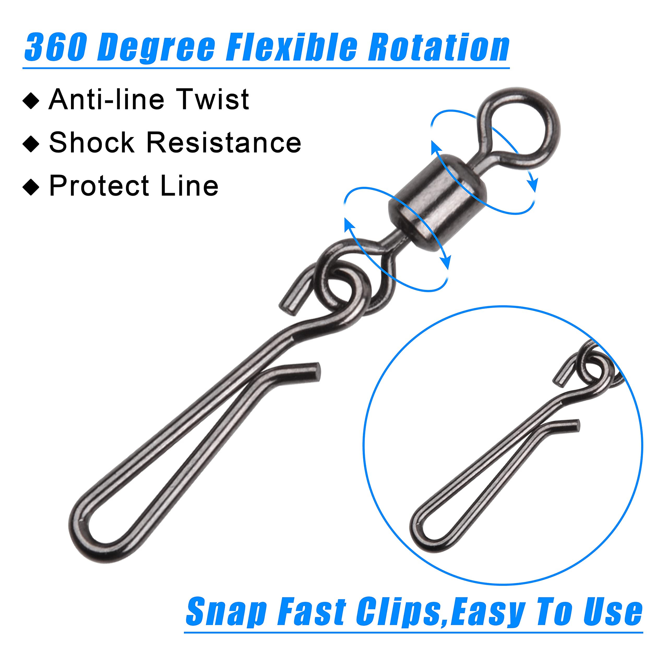 **AGOOL 60/200pcs High Strength Fishing Swivels with Quick Clips - Rolling Barrel Swivels & Snaps for Freshwater & Saltwater Fishing - Perfect for Bass, Trout, and Saltwater Game Fish**    *(Use Case: Ideal for connecting lures, leaders, and lines to prevent tangles and enhance casting performance in both freshwater and saltwater fishing.)*