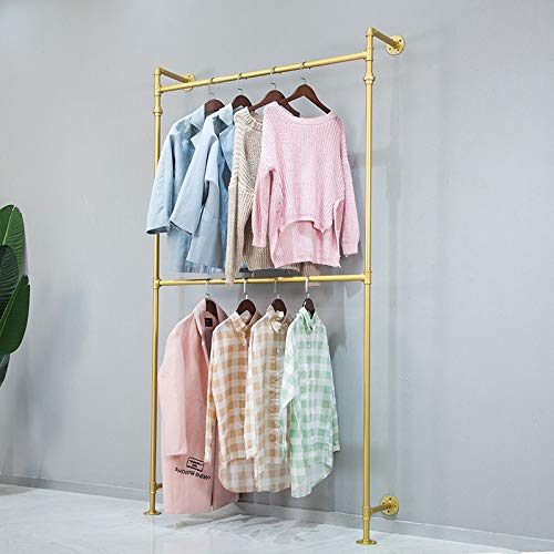 Industrial Pipe Clothes Rack - Heavy Duty Wall Mounted Black Iron Garment Hanging Rod for Closet, Wardrobe & Laundry Room Storage - Multi-Purpose Rustic Pipe Shelf for Coats, Jackets & Drying Clothes (Gold Finish) - Perfect for Home, Apartment & Commercial Use