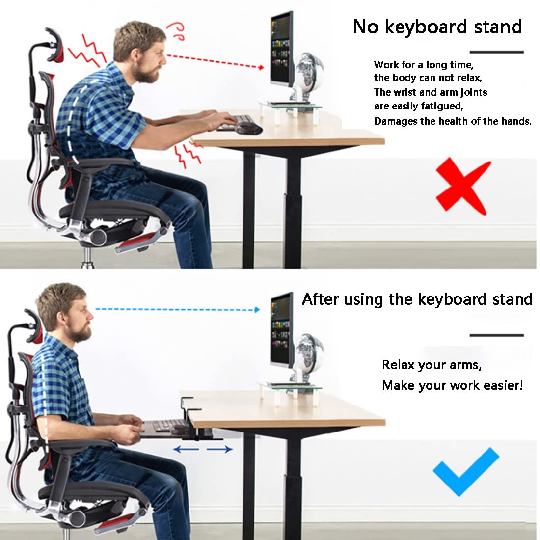 Adjustable Ergonomic Keyboard Tray - Under Desk Extender with Smooth Pull-Out, Clamp-On Design for Punch-Free Installation | Perfect for Home Office, Gaming Setup & Workspace Ergonomics