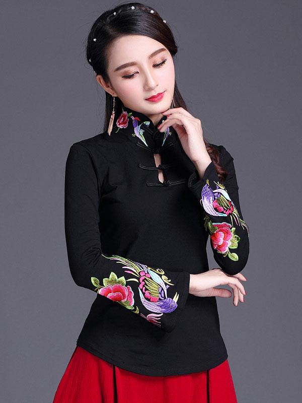 Elegant Black & White Embroidered Cheongsam Blouse - Vintage Chinese Style Women's Top for Parties, Weddings & Special Occasions