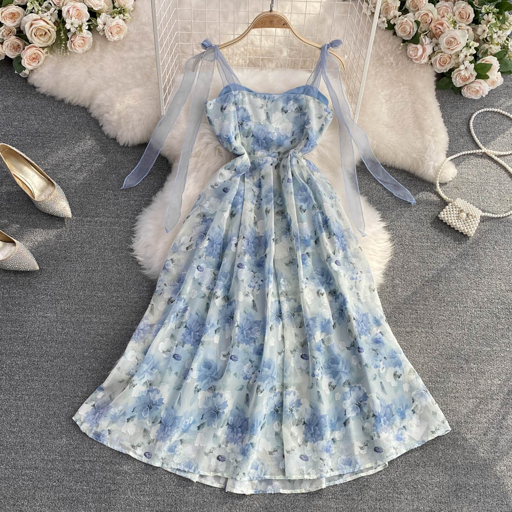 French Floral Chiffon Spaghetti Strap Fairy A-Line Dress for Women - Elegant Summer Beach Wedding Party Maxi Dress