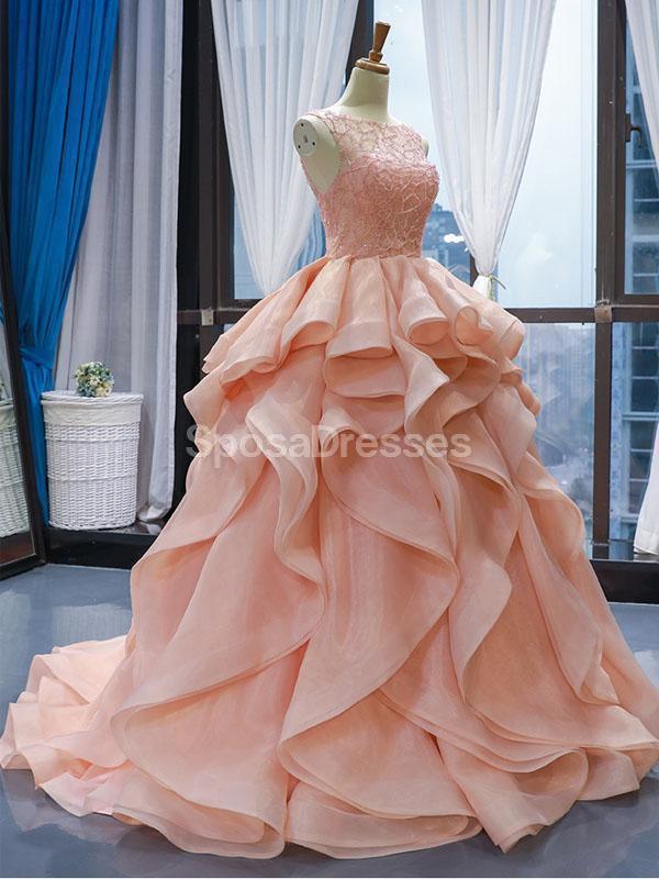 Elegant Peach Lace Beaded Ruffle Ball Gown - Formal Evening Prom Dress for Women | Perfect for Homecoming, Quinceañera & Special Occasions