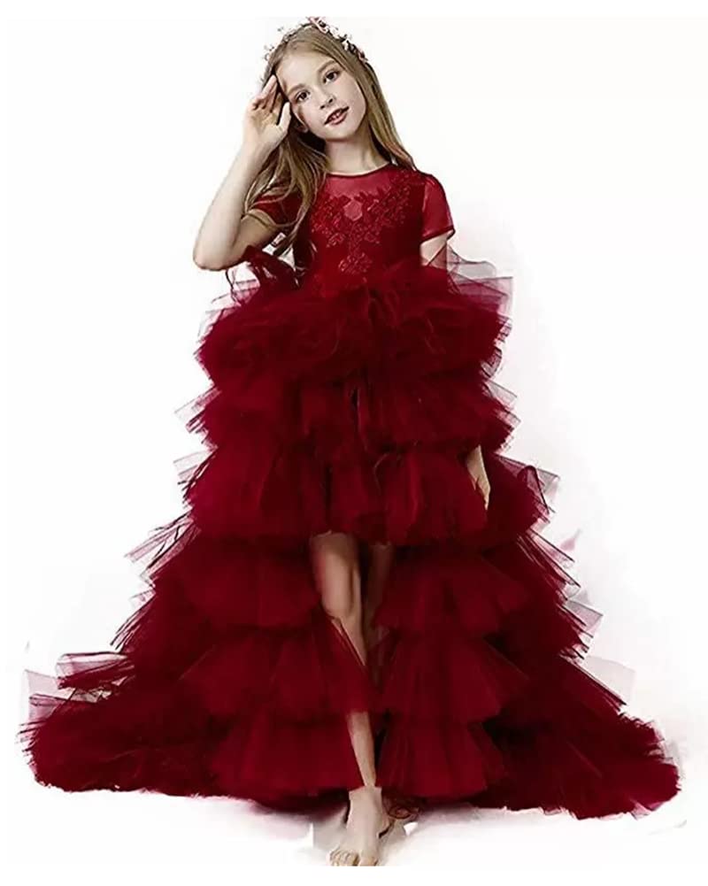 Honeydress Girls' Elegant High-Low Pageant Dress with Ruffles - Puffy Tulle Communion Gown for Kids in Burgundy (Size 11) | Perfect for Weddings, Baptisms & Special Occasions