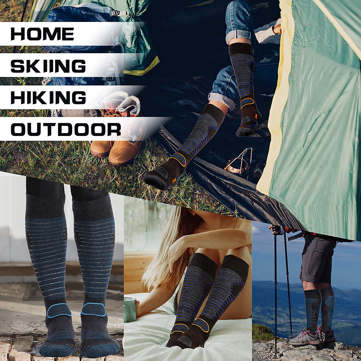 Merino Wool Ski Socks for Men & Women - 2 Pairs, Warm Thermal Performance for Skiing & Snowboarding