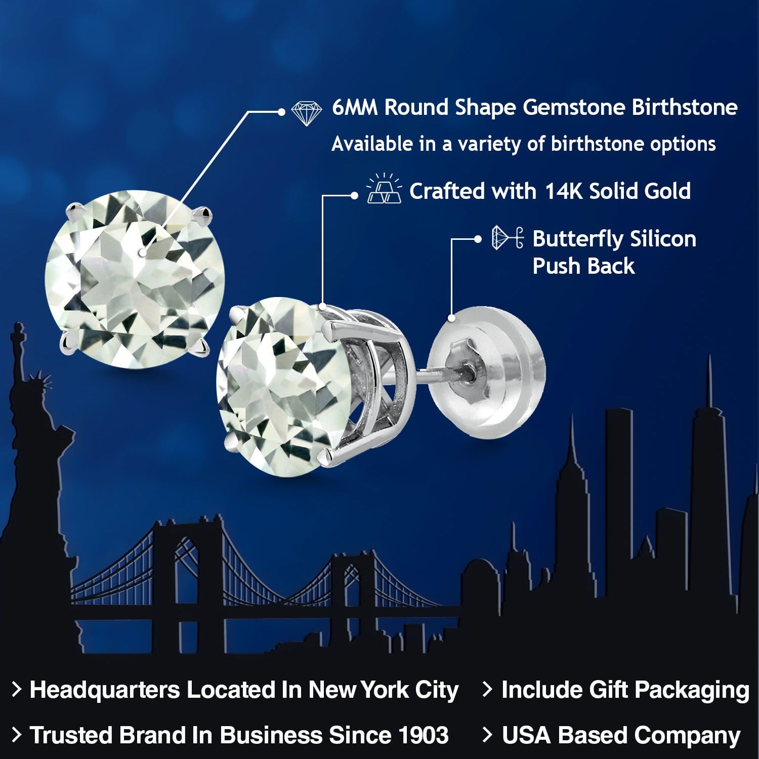 14K White Gold Green Prasiolite Stud Earrings for Women & Men | 1.90 CTTW | Gemstone Birthstone Jewelry | Round 6MM Prongs | Perfect Gift for Anniversary, Birthday & Everyday Wear