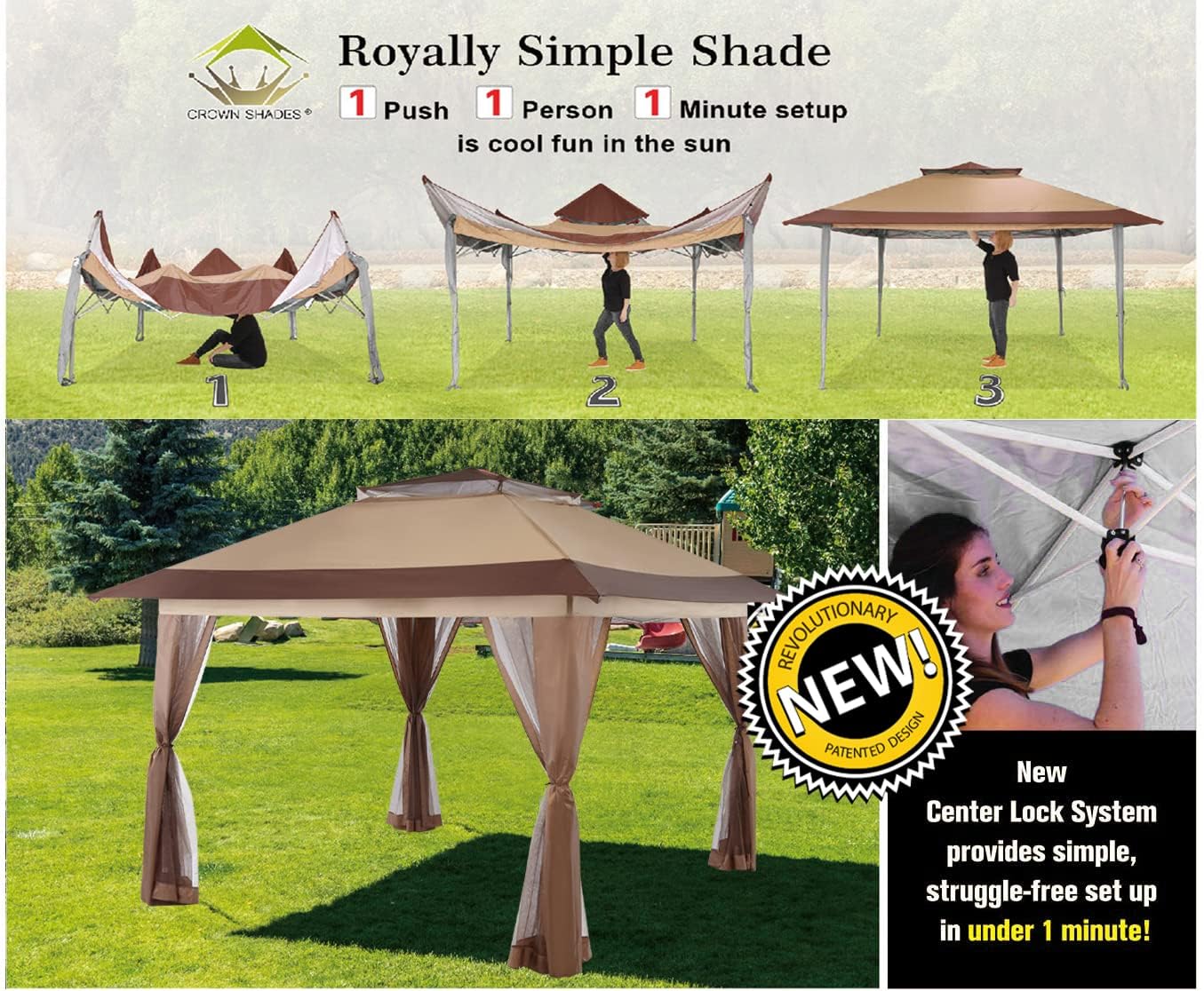 13x13 Pop Up Gazebo with Wheeled Carry Bag - Portable Canopy Tent for Outdoor Patio, Backyard, Camping & Beach - Waterproof Sun Shelter for Parties, Picnics & Events (Beige & Coffee)