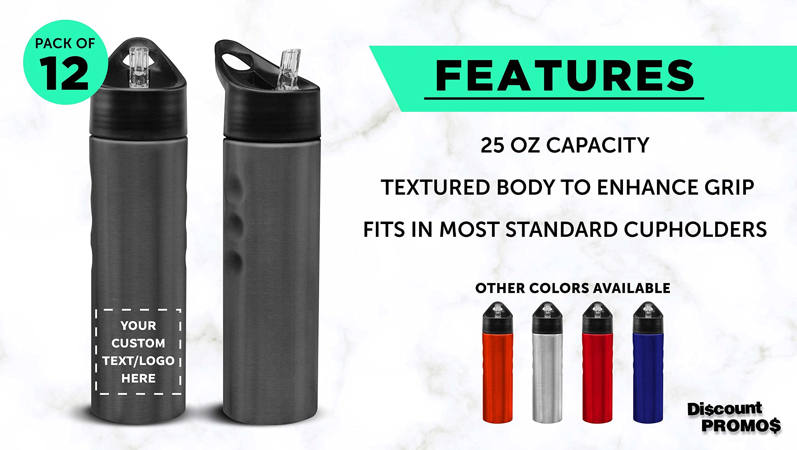 Custom Slim Stainless Steel Water Bottles 25oz - 12 Pack Bulk Wholesale | Personalized Text & Logo | Reusable Gym Sports Bottle | Charcoal Color | Perfect for Workouts, Hiking & Office Hydration