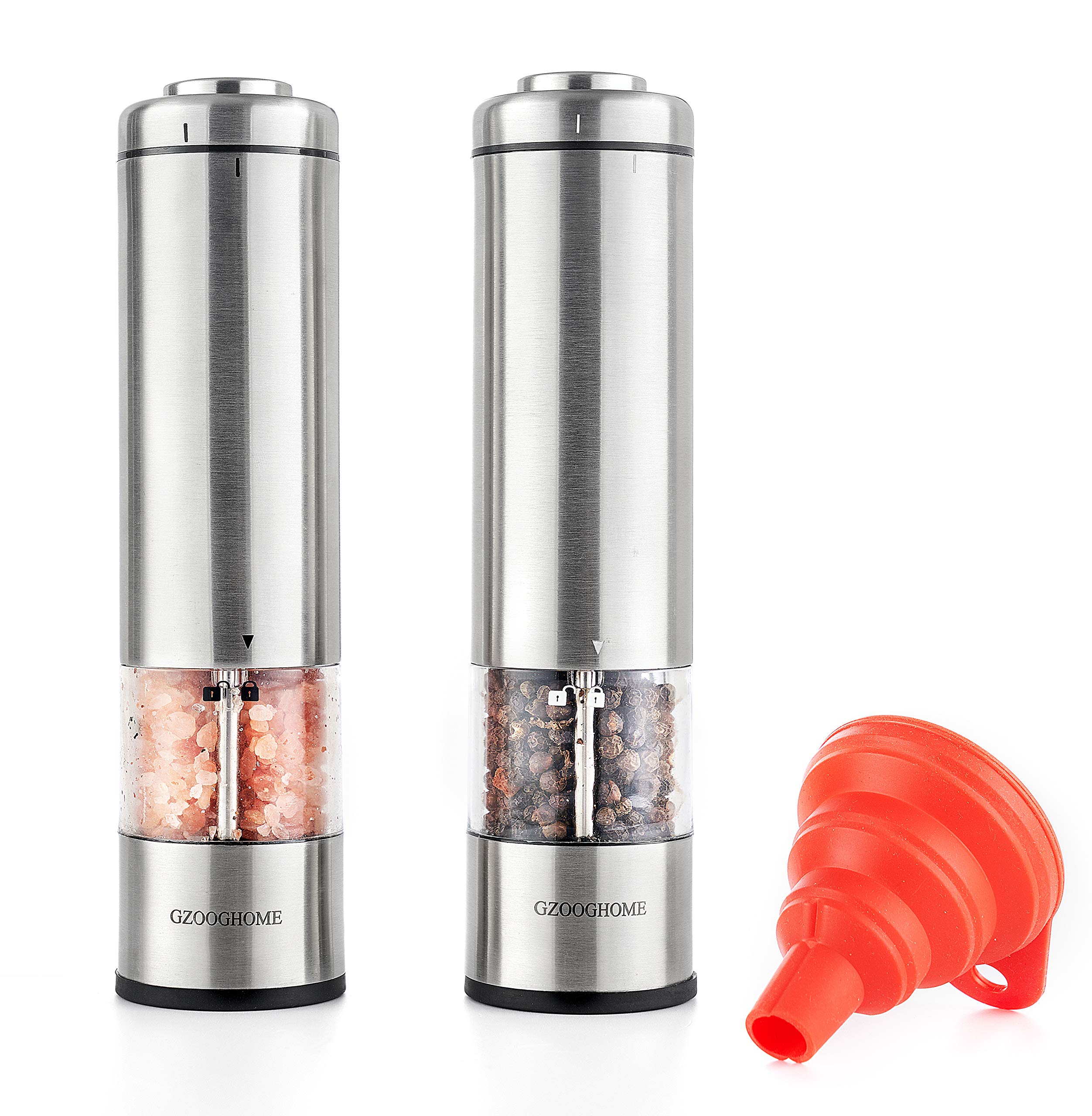 Electric Salt and Pepper Grinder Set - Battery Operated Automatic One-Handed Mill with Adjustable Coarseness & Funnel - Perfect for Kitchen, Dining Table & Camping (Non-Rechargeable Batteries)