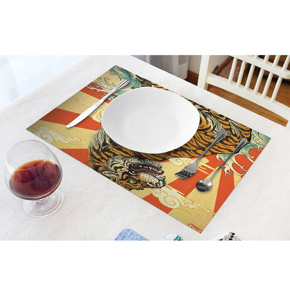 WONDERTIFY Tiger Placemats Set of 4 - Japanese Beach Theme with Rising Sun Design, Heat & Stain Resistant, 12x18 Inches (Yellow & Red) - Perfect for Dining Tables, Man Caves & Themed Parties