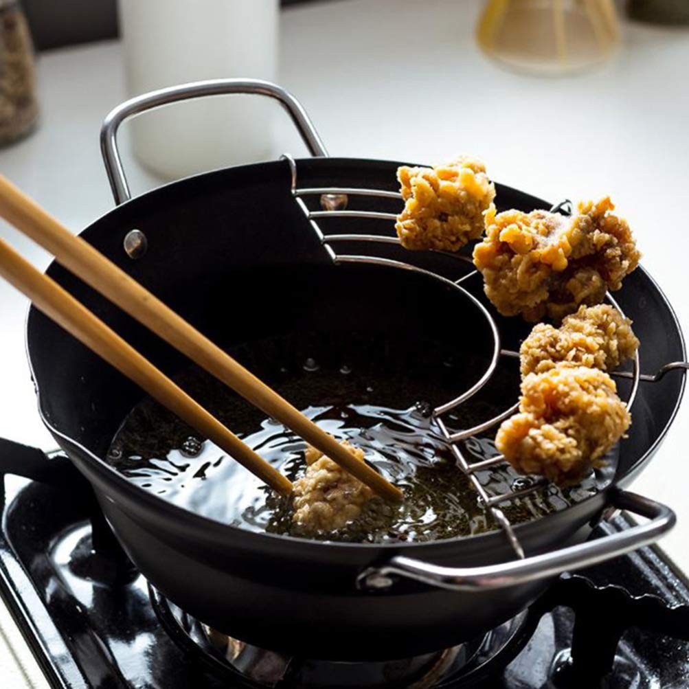 Carbon Steel Deep Fryer Pan with Drainer Rack - Portable Tempura Frying Pot for Home & Restaurant Use - Perfect for Fried Chicken, Donuts & Vegetables