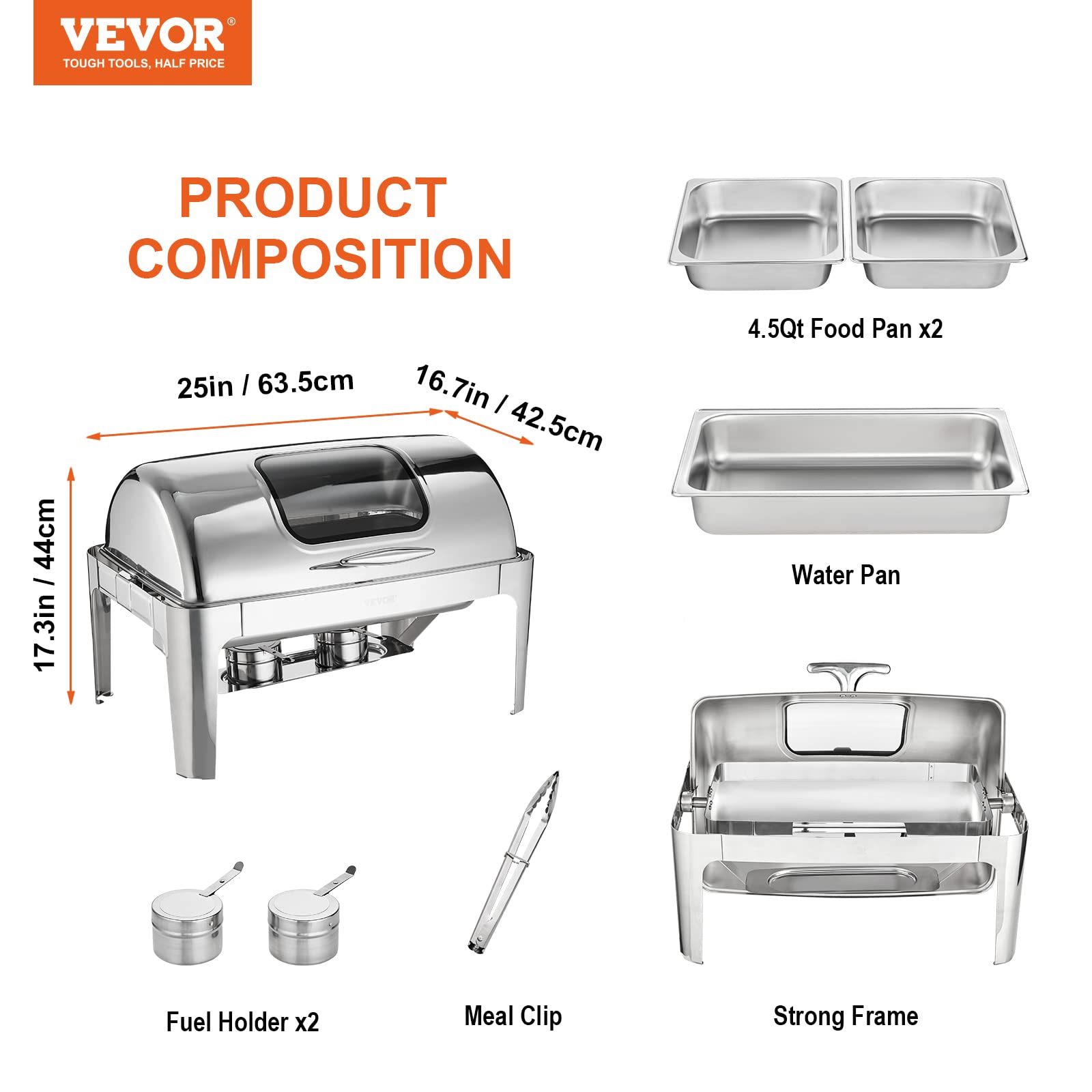 VEVOR 9 Qt Stainless Steel Roll Top Chafing Dish Buffet Set with 2 Half Size Pans, Rectangle Catering Food Warmer with Visible Lid, Water Pan Stand & Fuel Holder - Perfect for Buffets, Weddings, Banquets and Catering Events (Serves 9+ People)