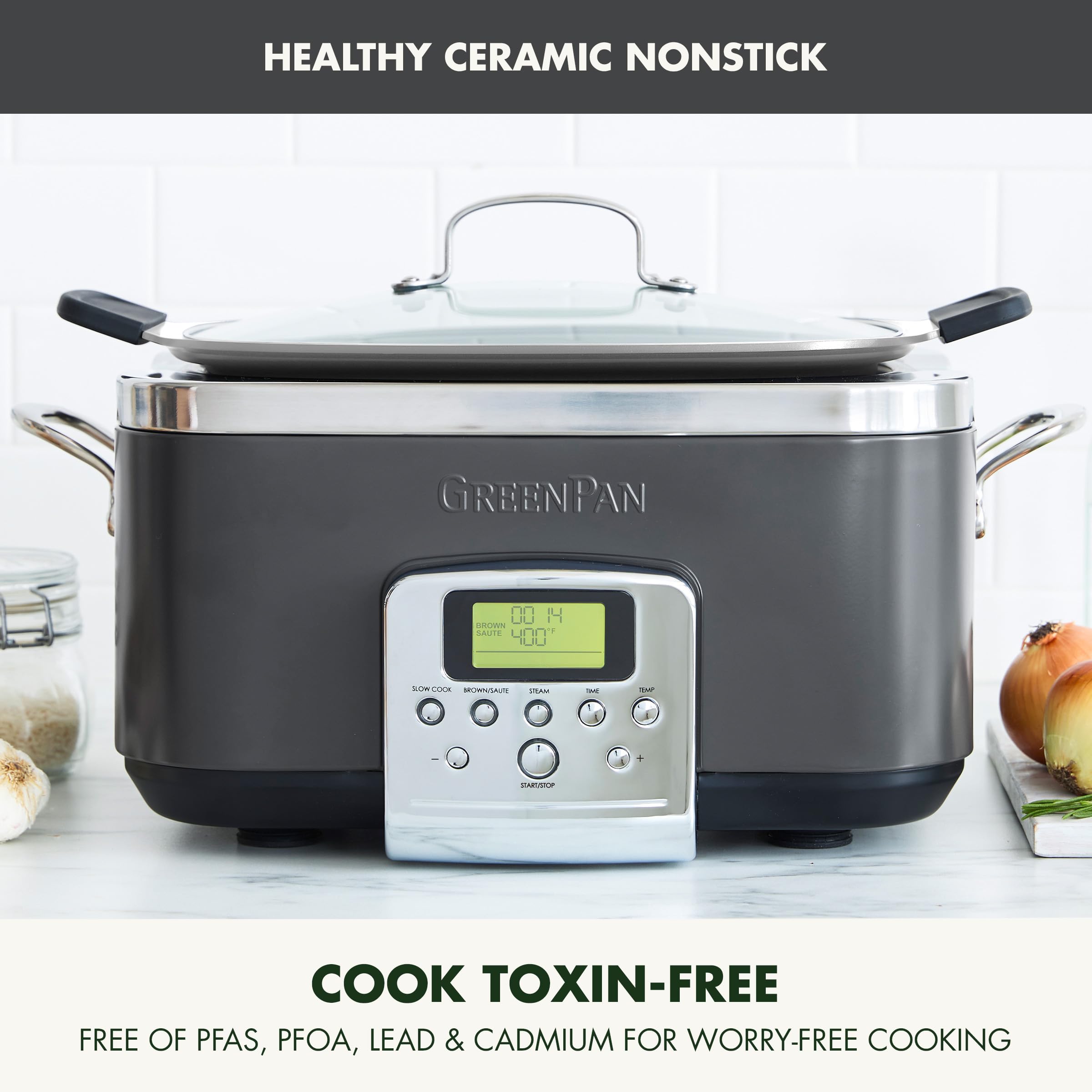 GreenPan Elite 8-in-1 Programmable 6QT Electric Slow Cooker with Dishwasher Safe Lid & Removable Crock - PFAS-Free Healthy Ceramic Nonstick Multi-Cooker for Searing, Sautéing, Browning, Steaming & Roasting - Perfect for Family Dinners, Meal Prep & Holiday Cooking (Graphite)