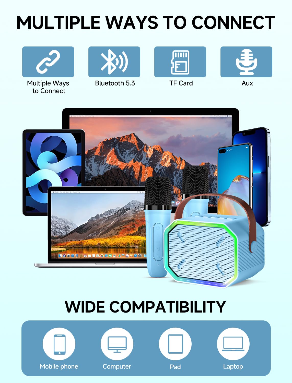 Portable Bluetooth Karaoke Machine with 2 Wireless Microphones for Kids & Adults - Mini Speaker for Home Parties, Birthday Gifts for Girls & Boys (Blue) | Perfect for Family Gatherings, Birthday Celebrations & Indoor Entertainment