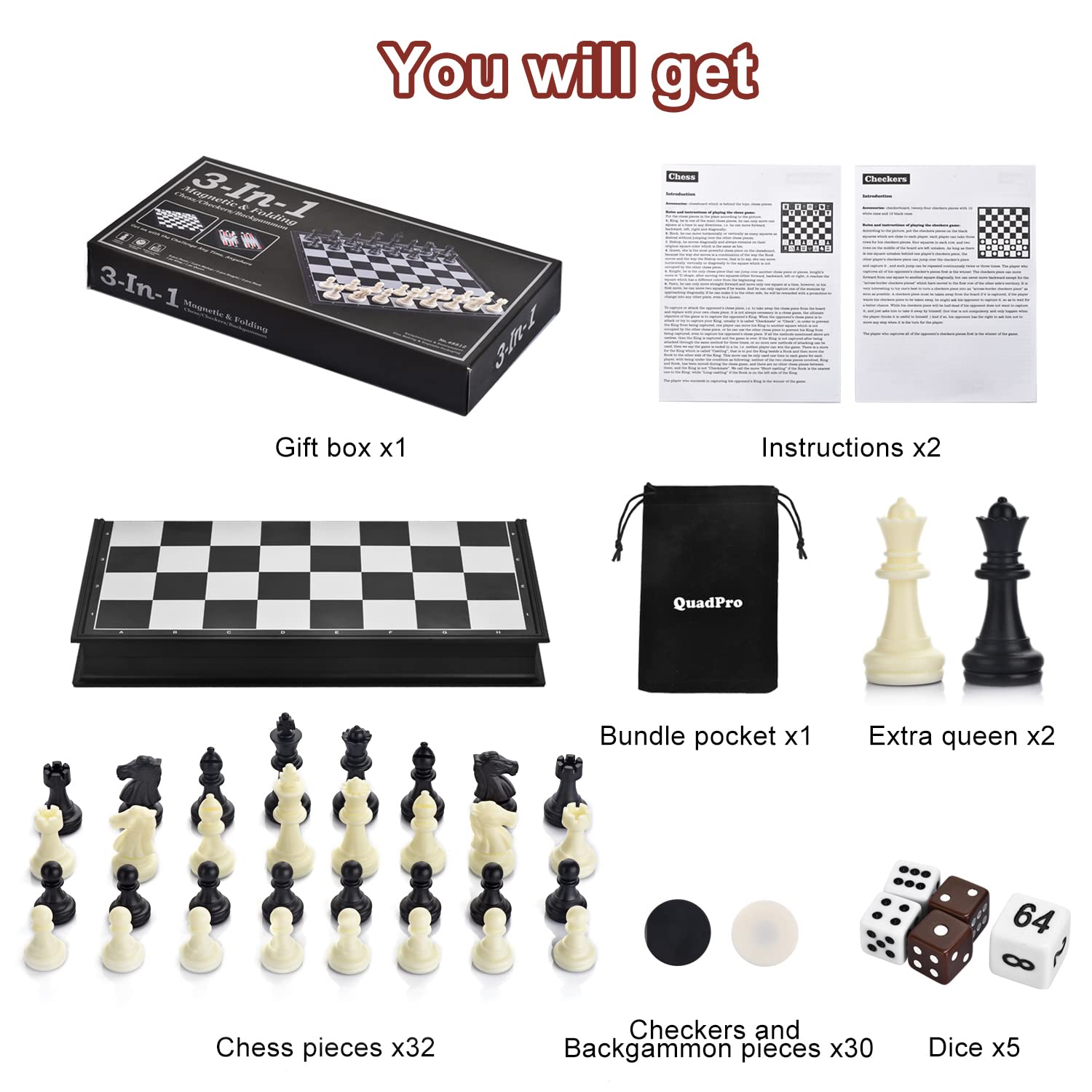 3-in-1 Magnetic Chess, Checkers & Backgammon Set - Portable Folding Board Game for Kids & Adults (Black & White Chess Pieces) - Perfect for Travel, Family Game Nights & Indoor Entertainment