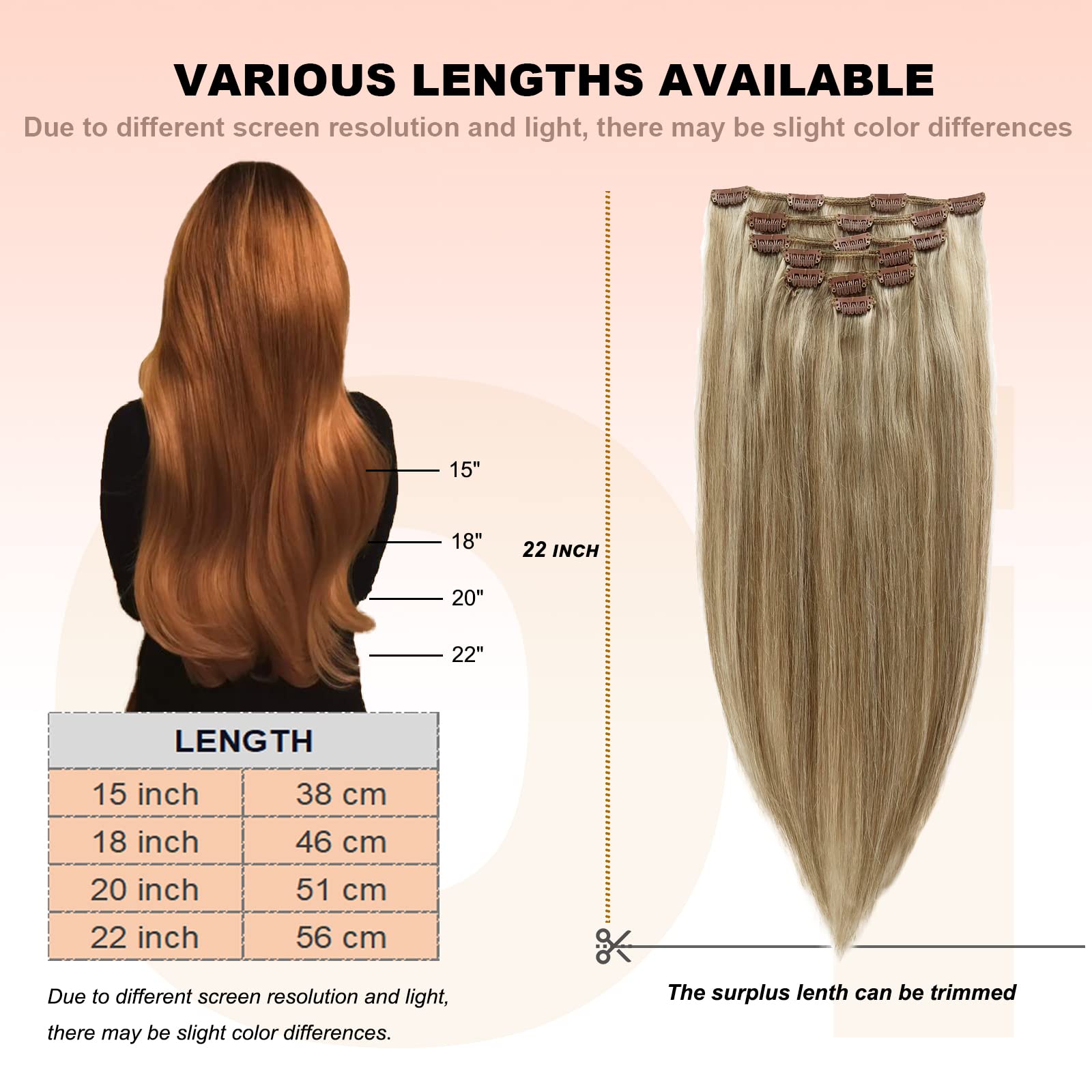 Premium Clip-in Hair Extensions - 22 Inch 7-Piece Blonde Highlighted Remy Human Hair Set (Beige & Platinum Blonde) with Invisible Clips for Natural Volume & Length - Perfect for Parties, Weddings & Daily Styling
