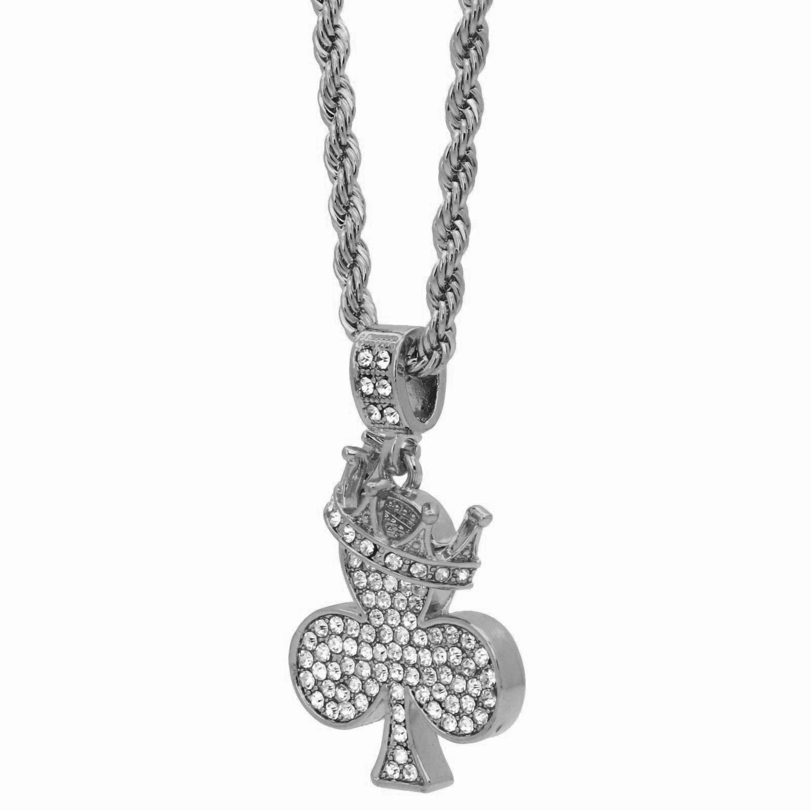 24K Gold Plated Iced King Crown Clover Pendant with 4mm 24