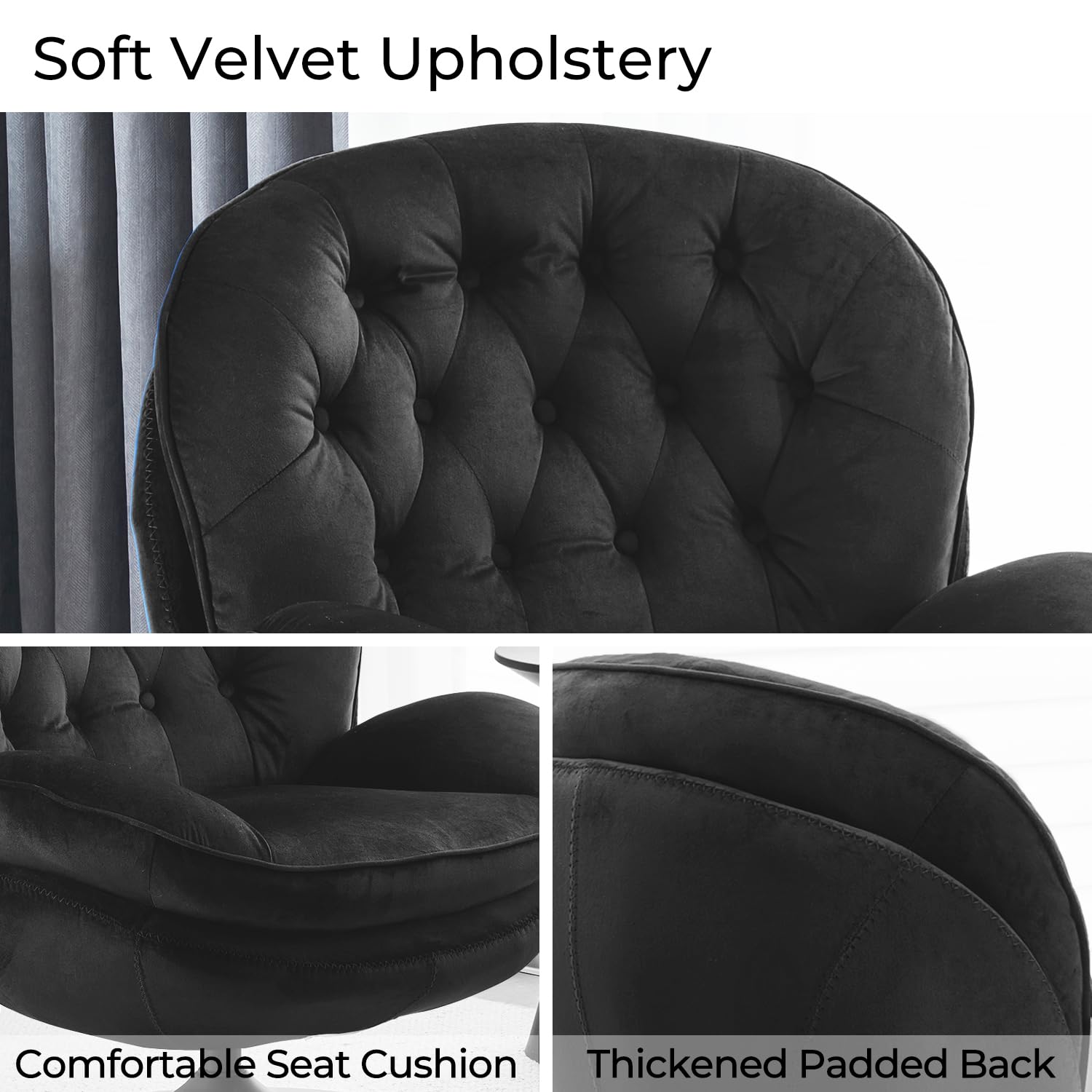 Velvet Swivel Accent Chair with Ottoman Set - Modern Tufted Armchair & Footrest for Living Room, Bedroom & Office - 360 Degree Rotating Lounge Chair for Reading, TV Watching & Relaxing - Soft Chaise Lounge Chairs for Adults (Black) - Perfect for Small Spaces, Apartments & Home Decor