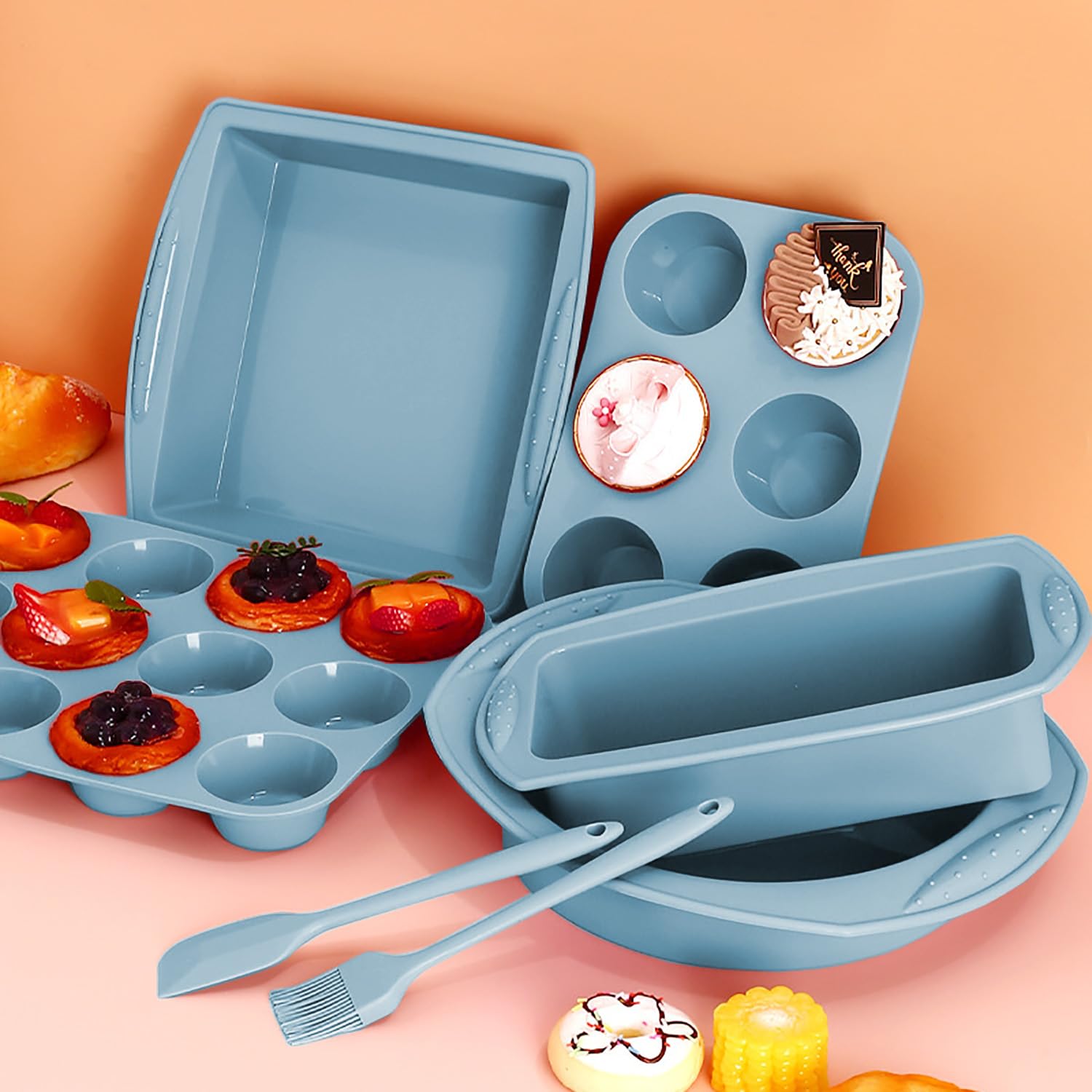 7-in-1 Non-Toxic Silicone Bakeware Set - BPA Free Round & Square Cake Pan, Loaf Pan, Muffin Tray for Oven Baking | Perfect for Bread, Pizza, Cheesecake, Cupcakes & Desserts | Ideal for Home Bakers, Holiday Cooking & Party Treats