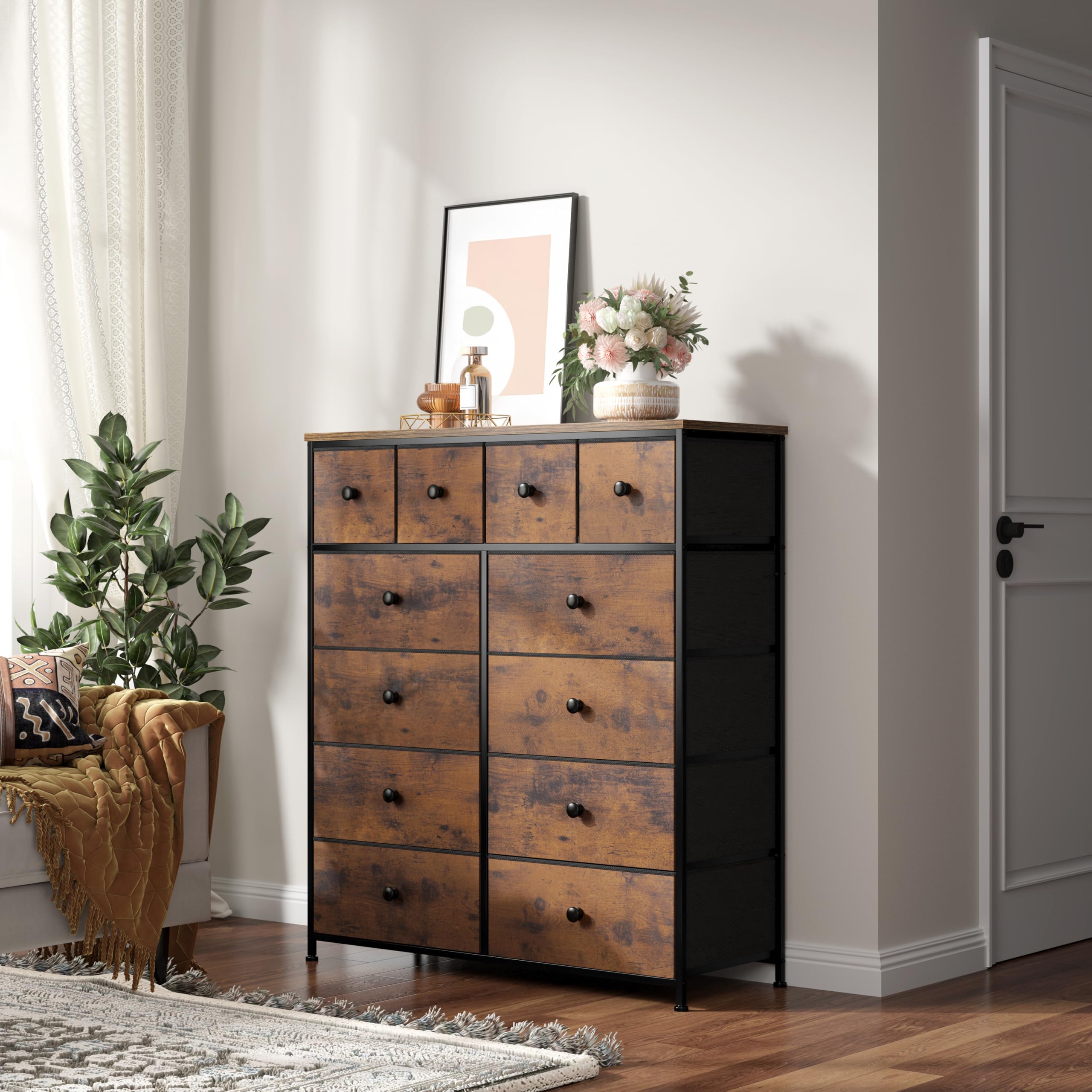 12-Drawer Tall Dresser for Bedroom with Wooden Top & Metal Frame - Rustic Brown Fabric Chest of Drawers (40.6