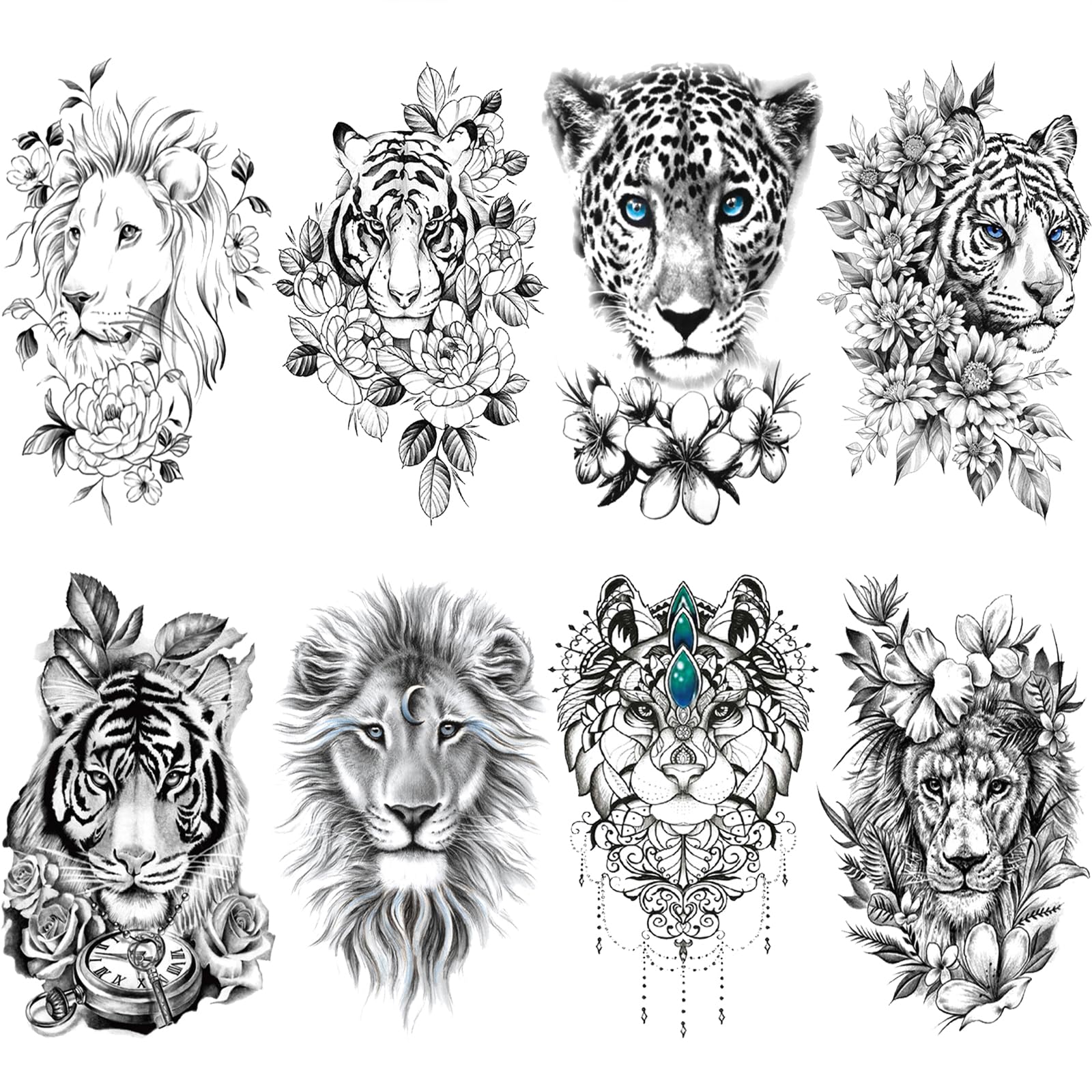 Realistic Animal Flower Temporary Tattoos for Women - Half Sleeve Lion Tiger Floral Fake Tattoo Stickers for Thigh, Chest, Arm & Back - Black Leopard Body Art Makeup (8 Sheets) - Perfect for Parties, Halloween, Cosplay & Festival Outfits