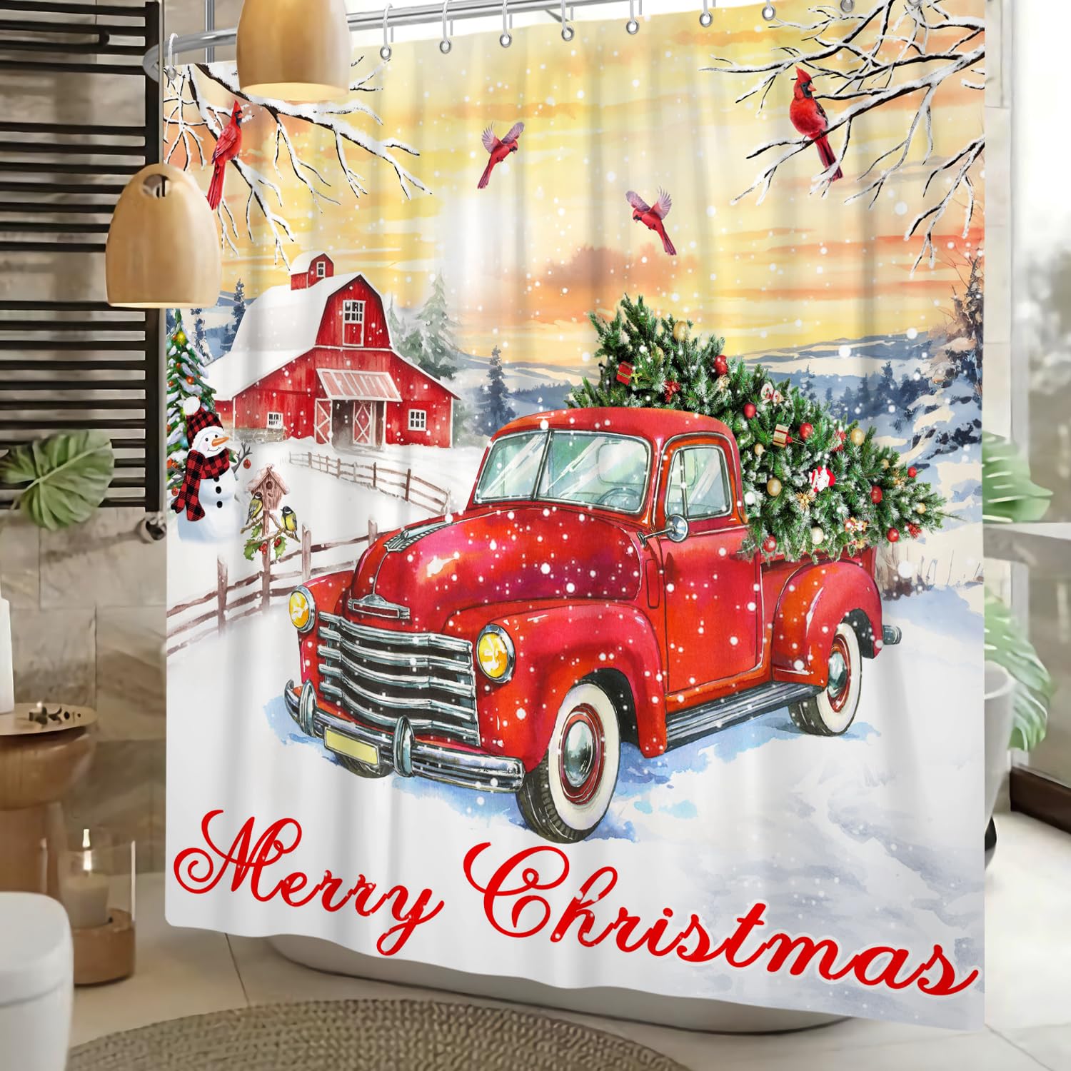 Red Truck Farmhouse Christmas Shower Curtain Set - 72x72 Inch Holiday Bathroom Decor with Snowman, Xmas Tree & Winter Mountain Design - Includes 12 Hooks for Cozy Cabin, RV or Apartment Bathroom