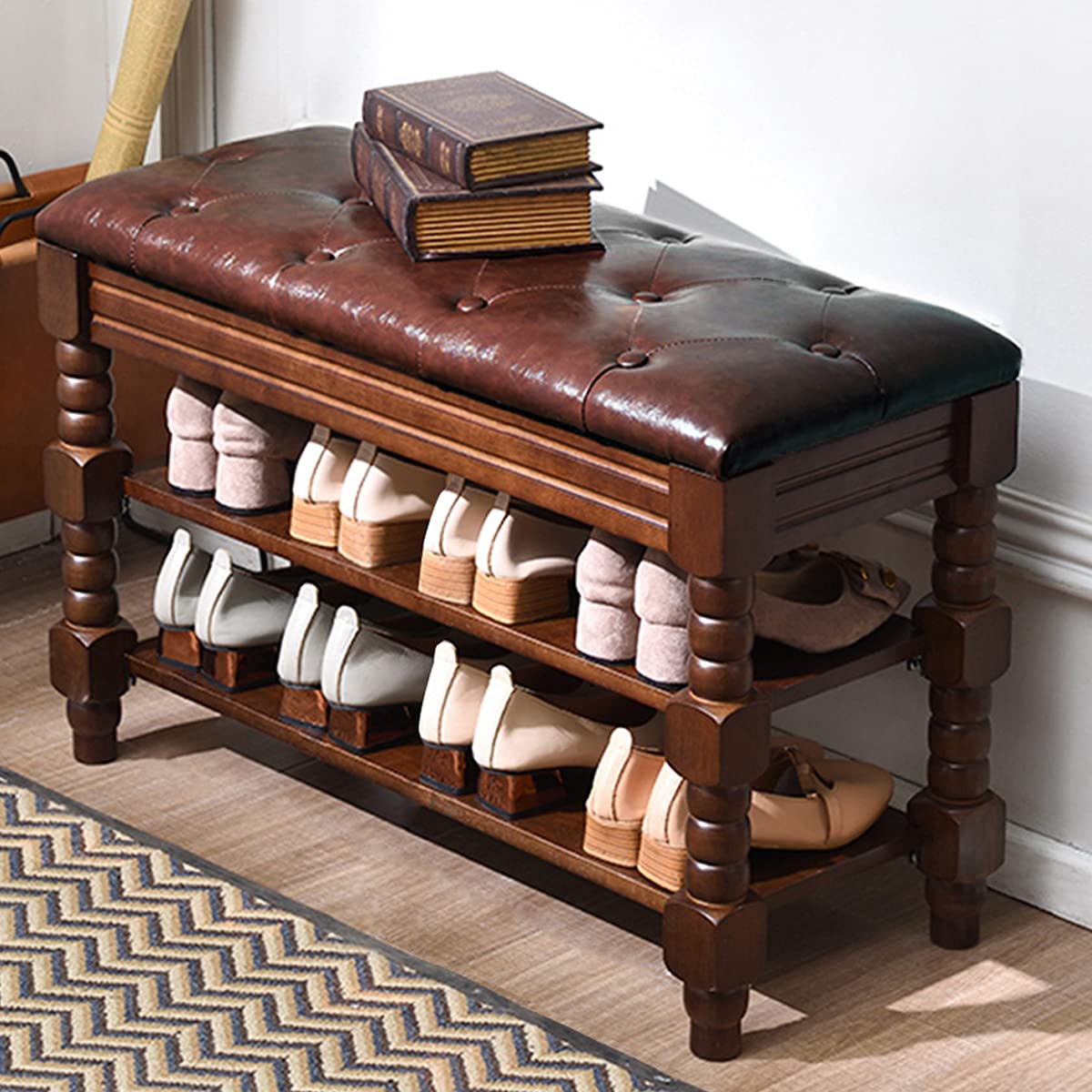 3-Tier Wooden Shoe Rack Bench with Storage - Entryway Shoe Organizer & Storage Bench for Hallway, Living Room (Dark Brown, 31.5