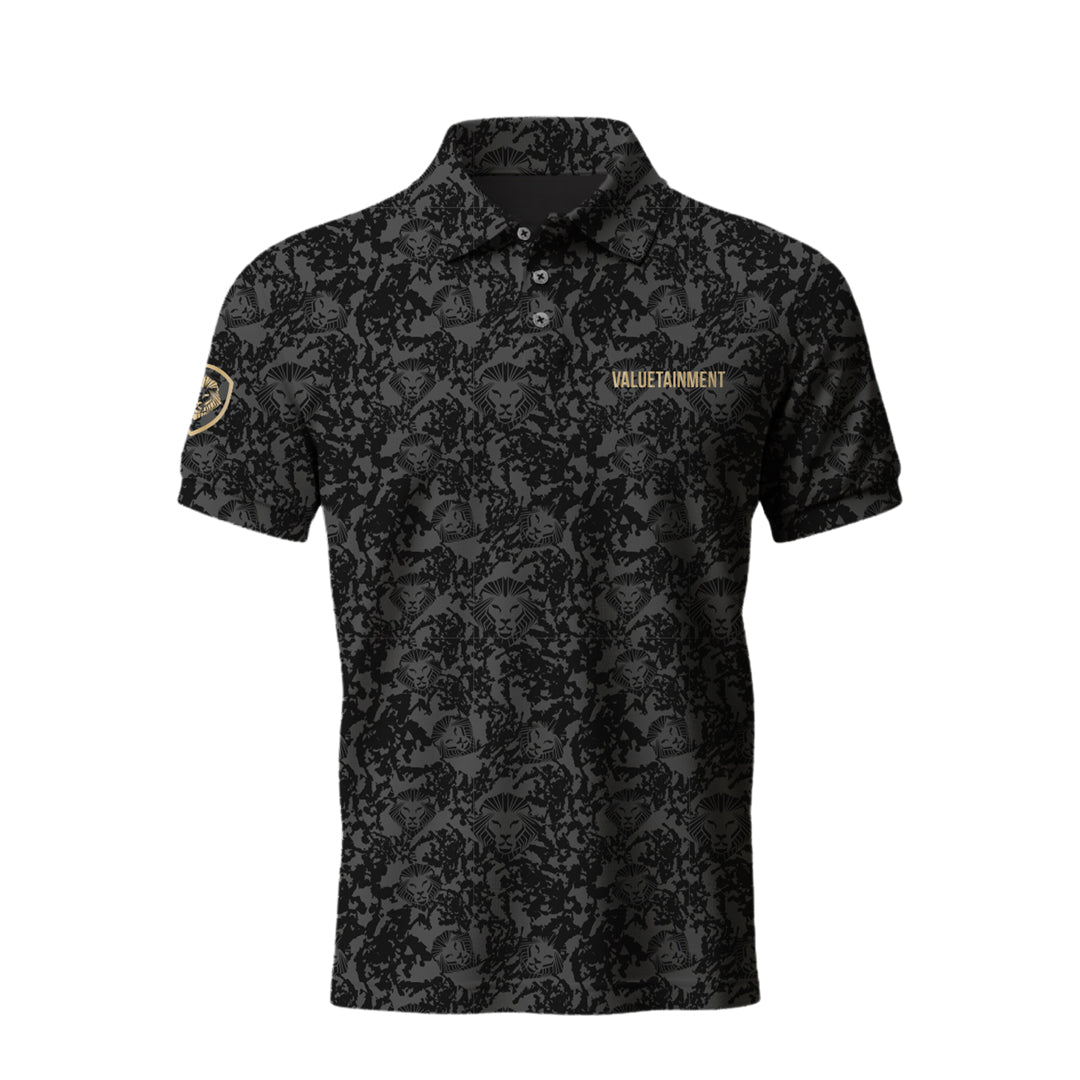 Lion Shield Charcoal Grey Pattern Print Short Sleeve Polo Shirt for Men - Classic Fit Casual Wear for Office, Golf & Outdoor Activities