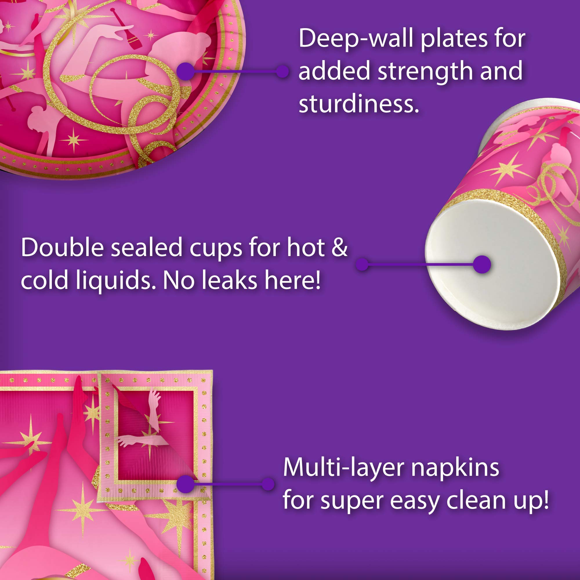Pink and Gold Gymnastics Birthday Party Supplies Set - 16-Piece Tableware Kit with Plates, Napkins & Cups for Girls' Gymnastics Themed Party Decorations