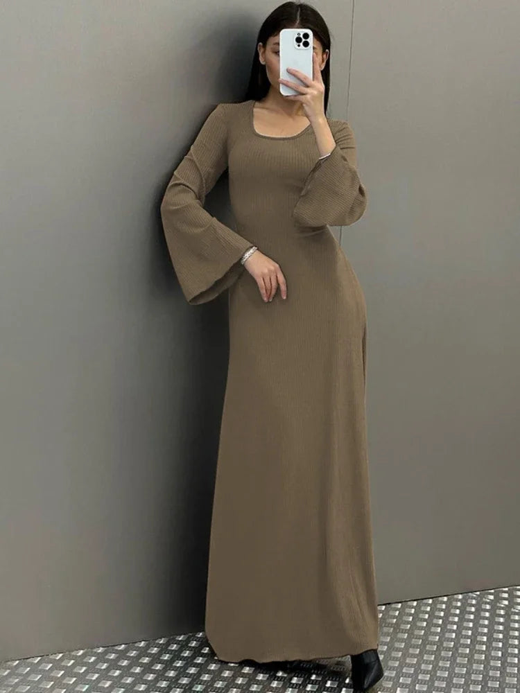 Elegant Back Tie Flared Long Sleeve Rib Knit Maxi Dress for Women - Cozy Winter Fall Clothes - Perfect for Holiday Parties, Date Nights & Office Wear - Wholesale C70 DZ61