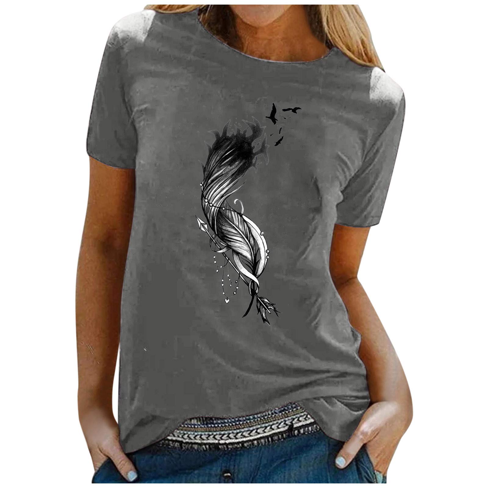 IKevAN Women's Feather Print Short Sleeve Tunic Top - Loose Fit Summer Casual Tee Shirt for Beach, Vacation & Everyday Wear