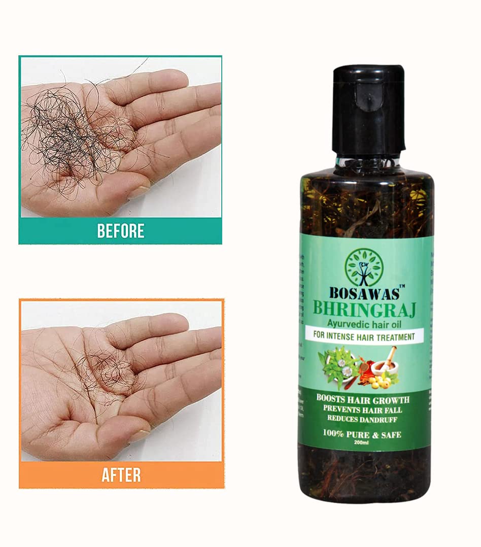 Bosawas Bhringraj Hair Oil 200ml - Natural Ayurvedic Hair Growth Treatment for Thicker, Stronger Hair | Stops Hair Loss & Reduces Dandruff | Perfect for Daily Scalp Massage & Deep Conditioning