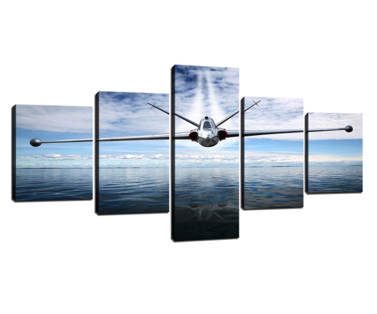 Modern Framed Canvas Wall Art - 5 Piece Military Reconnaissance Aircraft Seascape Painting for Bedroom, Living Room, Office & Home Decor (50''W x 24''H)
