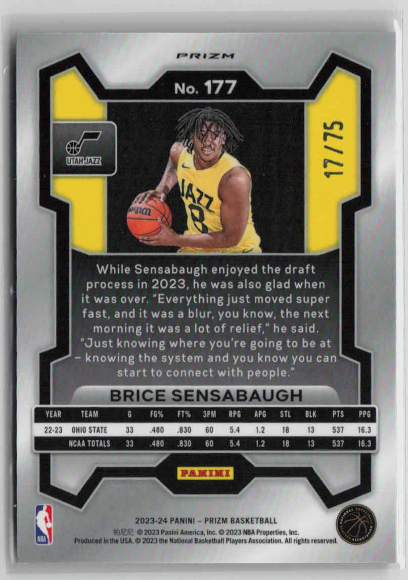 2023 Panini Prizm Brice Sensabaugh Rookie Card #177 Red Checkerboard 17/75 - NBA Basketball Trading Card for Collectors & Fans
