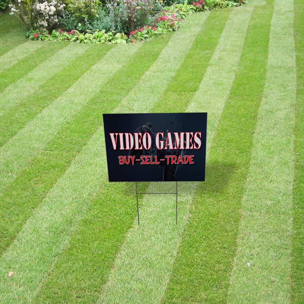 Waterproof Yard Signs for Video Game Buy/Sell/Trade Business - 18x12 Inches Single-Sided Print in Blue & Green - Perfect for Lawn, Garden & Outdoor Advertising Displays