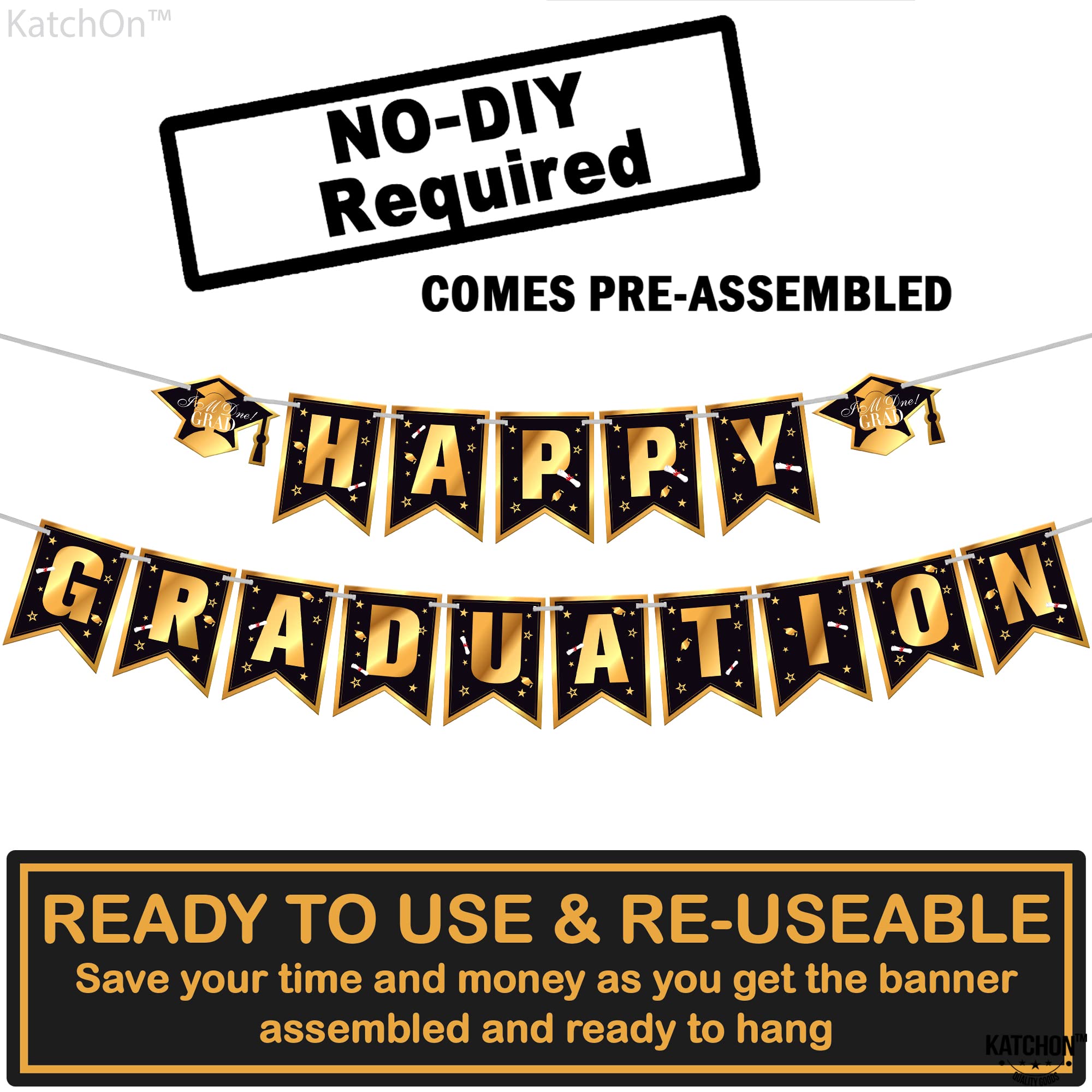 KatchOn 10ft Happy Graduation Banner 2024 - Black & Gold Graduation Backdrop, Garland & Sign for Class of 2024 Decor | No DIY Required | Perfect for Graduation Parties, Photo Booths & School Events
