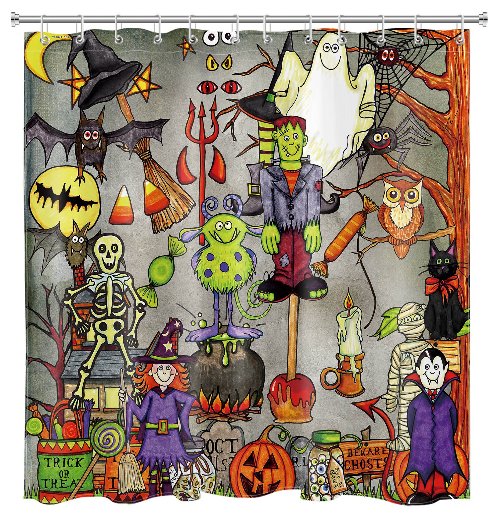 LB Witch Haunted House Vampire Halloween Shower Curtain Set - Black Gothic Spider Web Bathroom Decor for Kids & Adults, 72x78 Inch Extra Long Waterproof Shower Curtain with Hooks - Perfect for Halloween Party, Spooky Bathroom, Haunted House Theme Decor