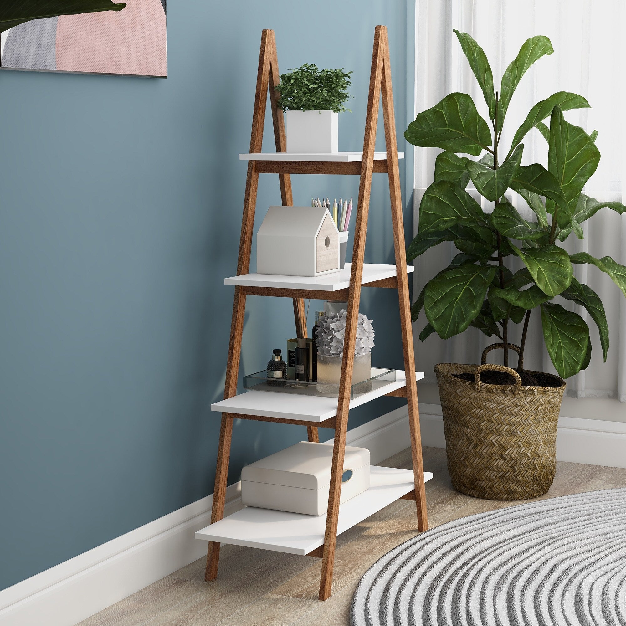 A-Frame Ladder Display Bookshelf - Rustic Wooden Shelf for Home Decor, Books & Plants - Perfect for Living Room, Bedroom & Office Storage