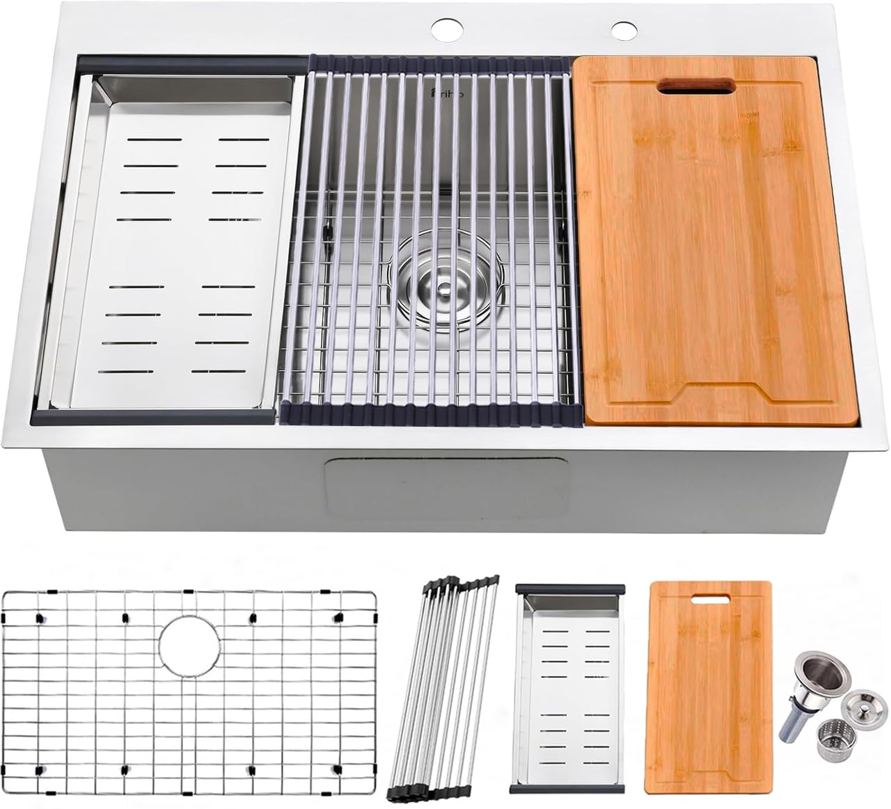 Friho 33x22 Inch Brushed Nickel Stainless Steel 16 Gauge Drop-In Kitchen Sink Workstation - Handmade Top Mount Single Bowl Sink with 5 Accessories | Perfect for Modern Kitchens, Remodeling & Small Spaces