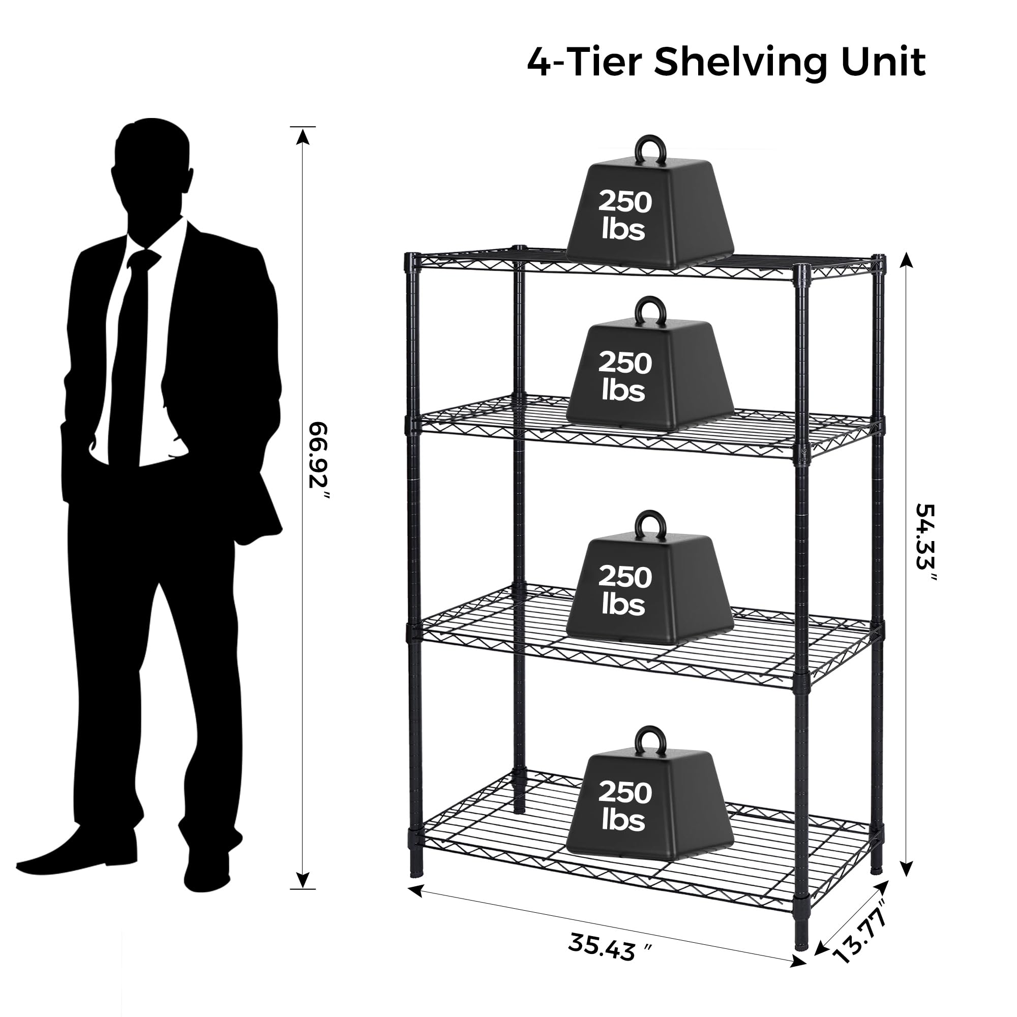 Heavy-Duty 4 Tier Metal Storage Shelves - 1300 LBS Capacity Adjustable Wire Shelf Unit, 13.77