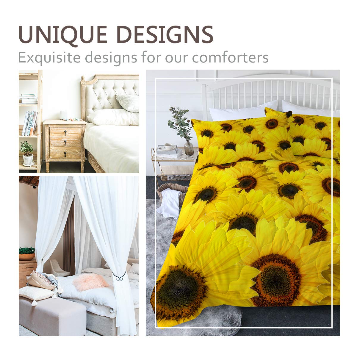 BlessLiving Sunflower Bedding Set - 3 Piece Full/Queen Comforter Set with Ultra Soft Microfiber, Floral Home Decor for Bedroom & Guest Room, Cozy Farmhouse Style Bedding for All Seasons