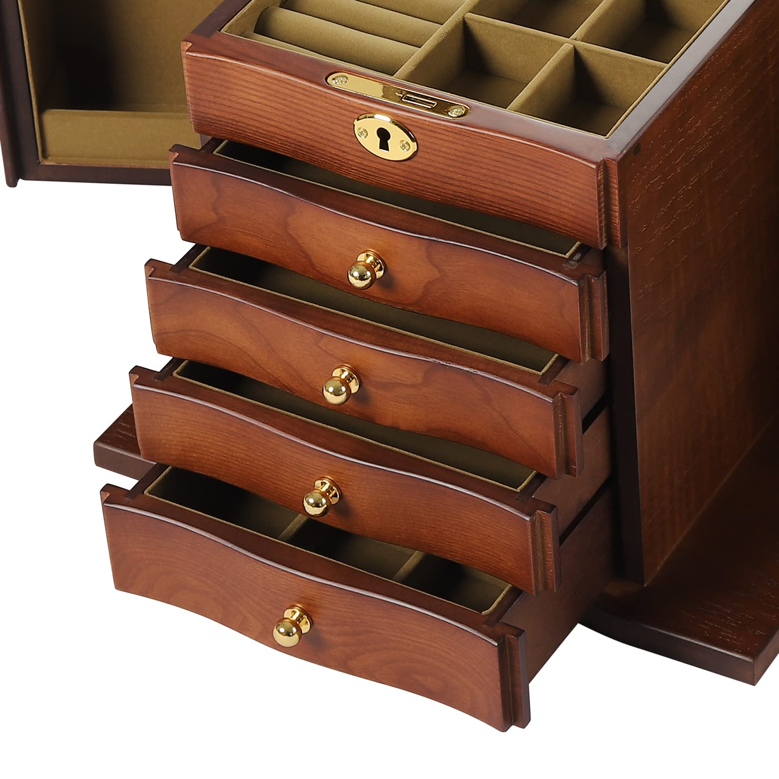 LOYALHEARTDY Large 5-Layer Wooden Jewelry Box with 2 Swing-Out Cabinets, Mirror & Lock - Necklace Earring Bracelet Organizer Storage Display Case - Perfect for Bedroom Vanity, Wedding Gift & Jewelry Collection